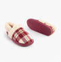 Jo & Joe HERITAGE Womens Full Slippers Cherry side view and sole view, featuring a cozy plaid design and slip-on style.