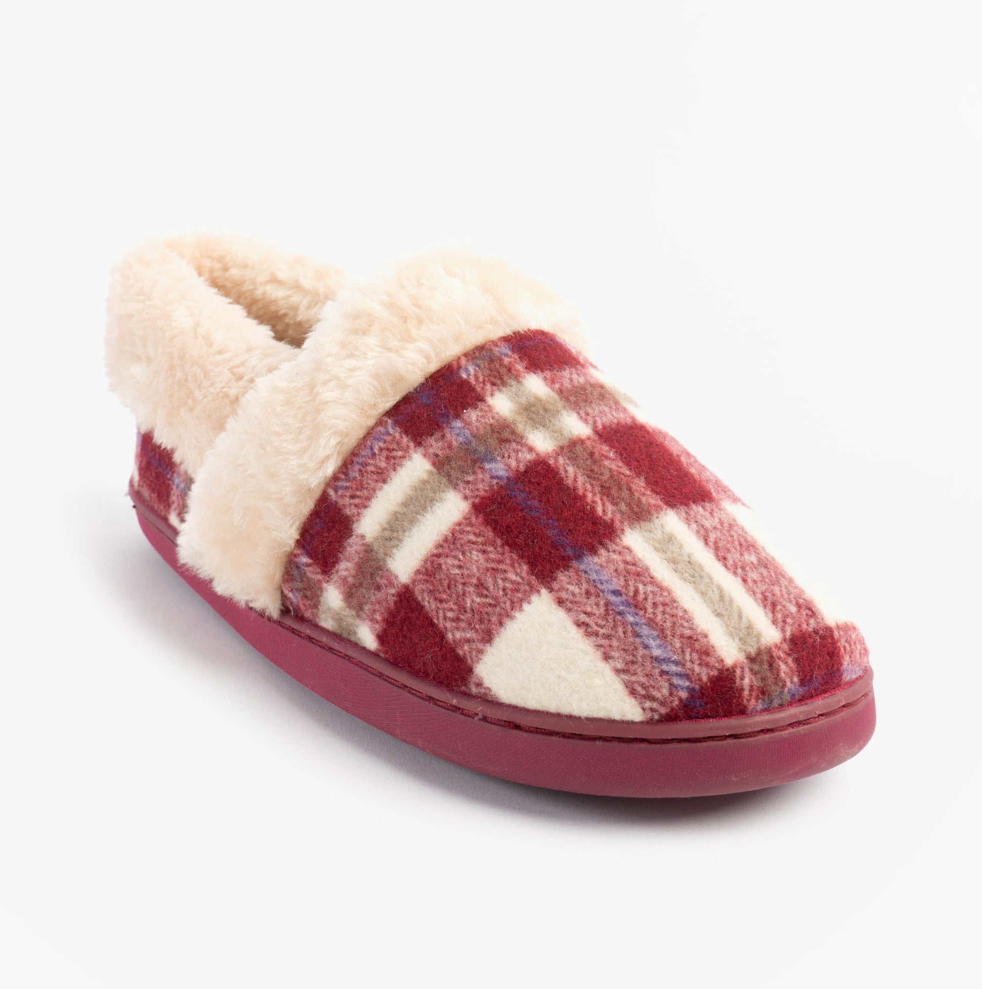 Jo & Joe HERITAGE Womens Full Slippers Cherry side view showing plaid design and warm lining.
