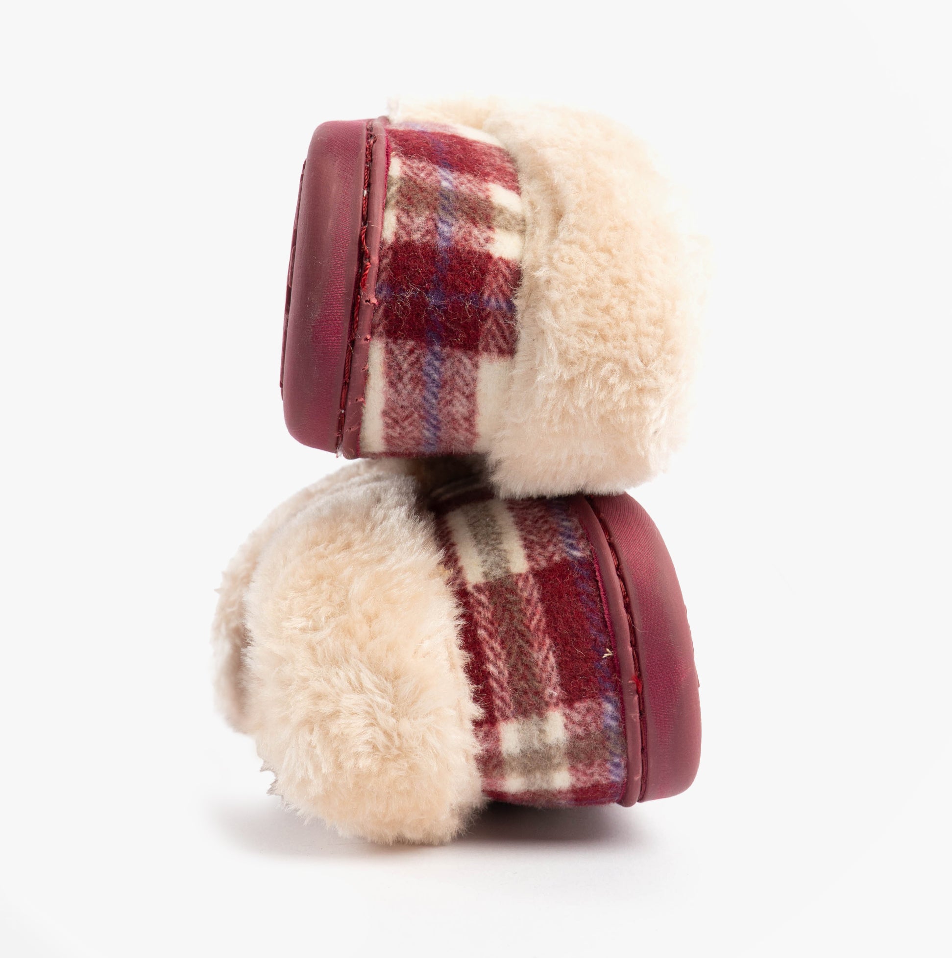 Jo & Joe HERITAGE Womens Full Slippers Cherry side view showing plush material and stylish plaid design.