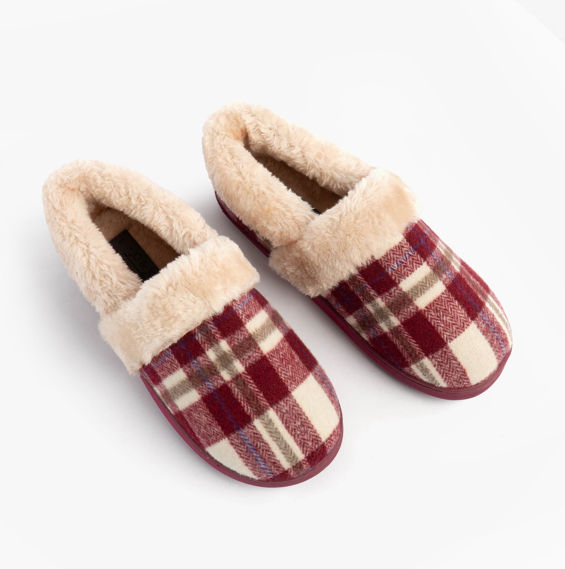 Jo & Joe HERITAGE Womens Full Slippers Cherry top view, cozy textile upper, warm lining, slip-on style.