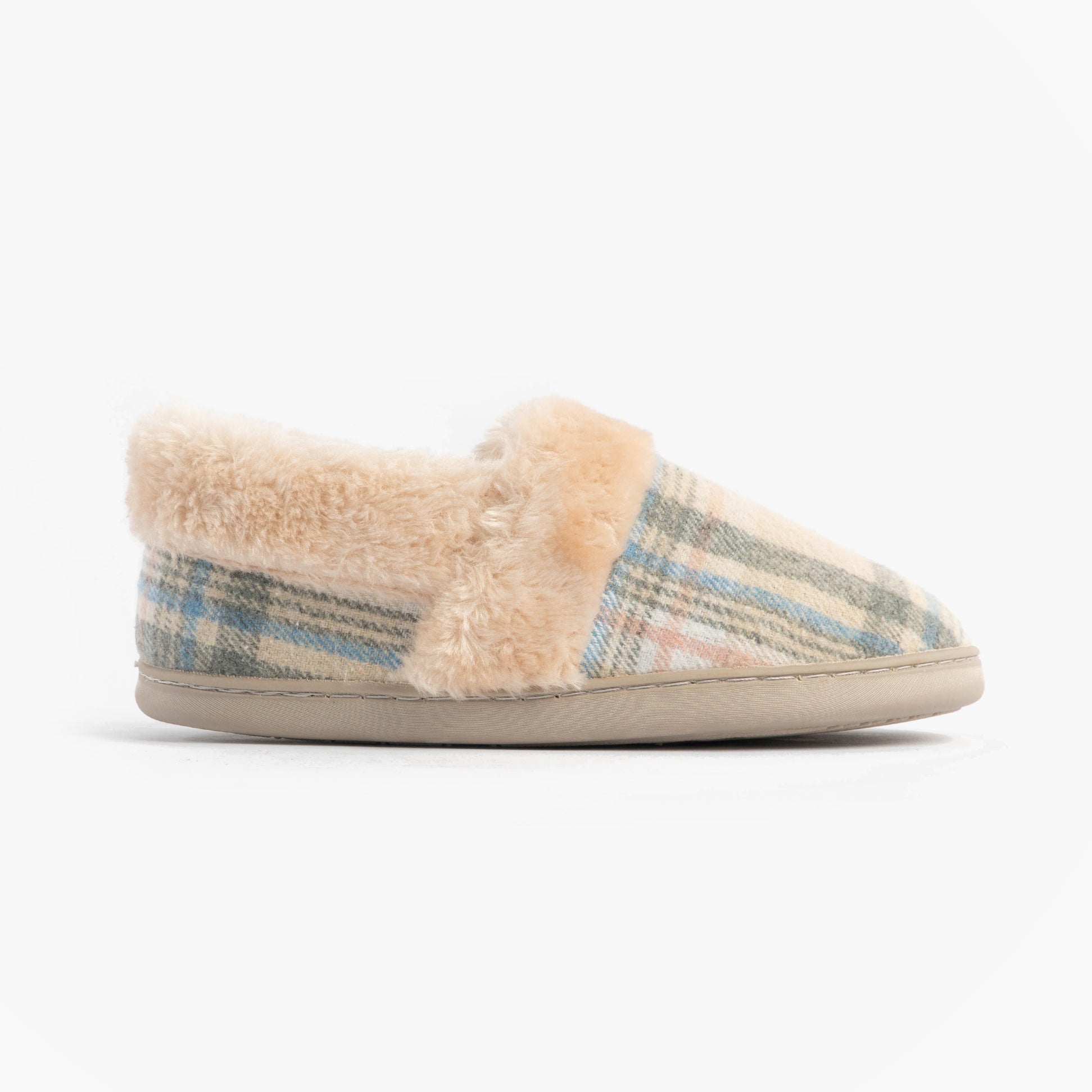 Jo & Joe HERITAGE Womens Full Slippers Oatmeal side view showing soft textile upper and warm lining.