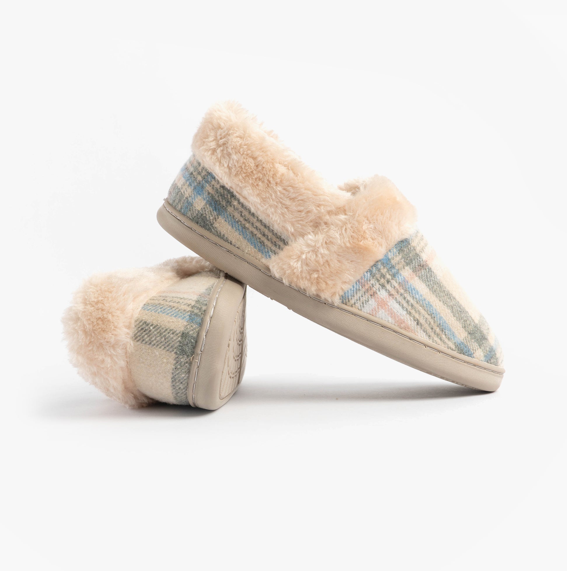 Jo & Joe HERITAGE Womens Full Slippers Oatmeal side view showing comfortable slip-on design and soft lining.