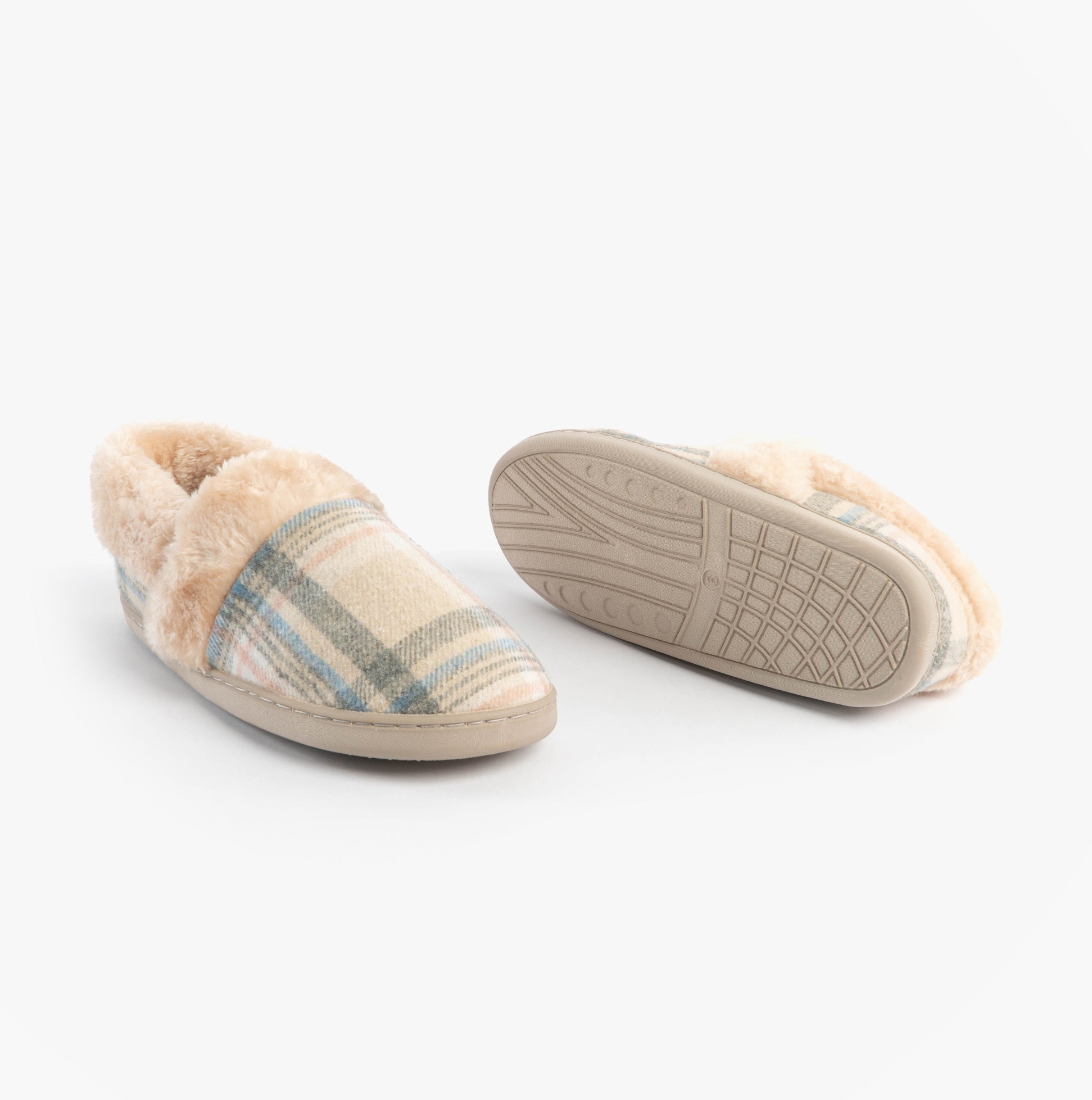 Jo & Joe HERITAGE Womens Full Slippers Oatmeal side and bottom view showing comfort lining and rubber sole.