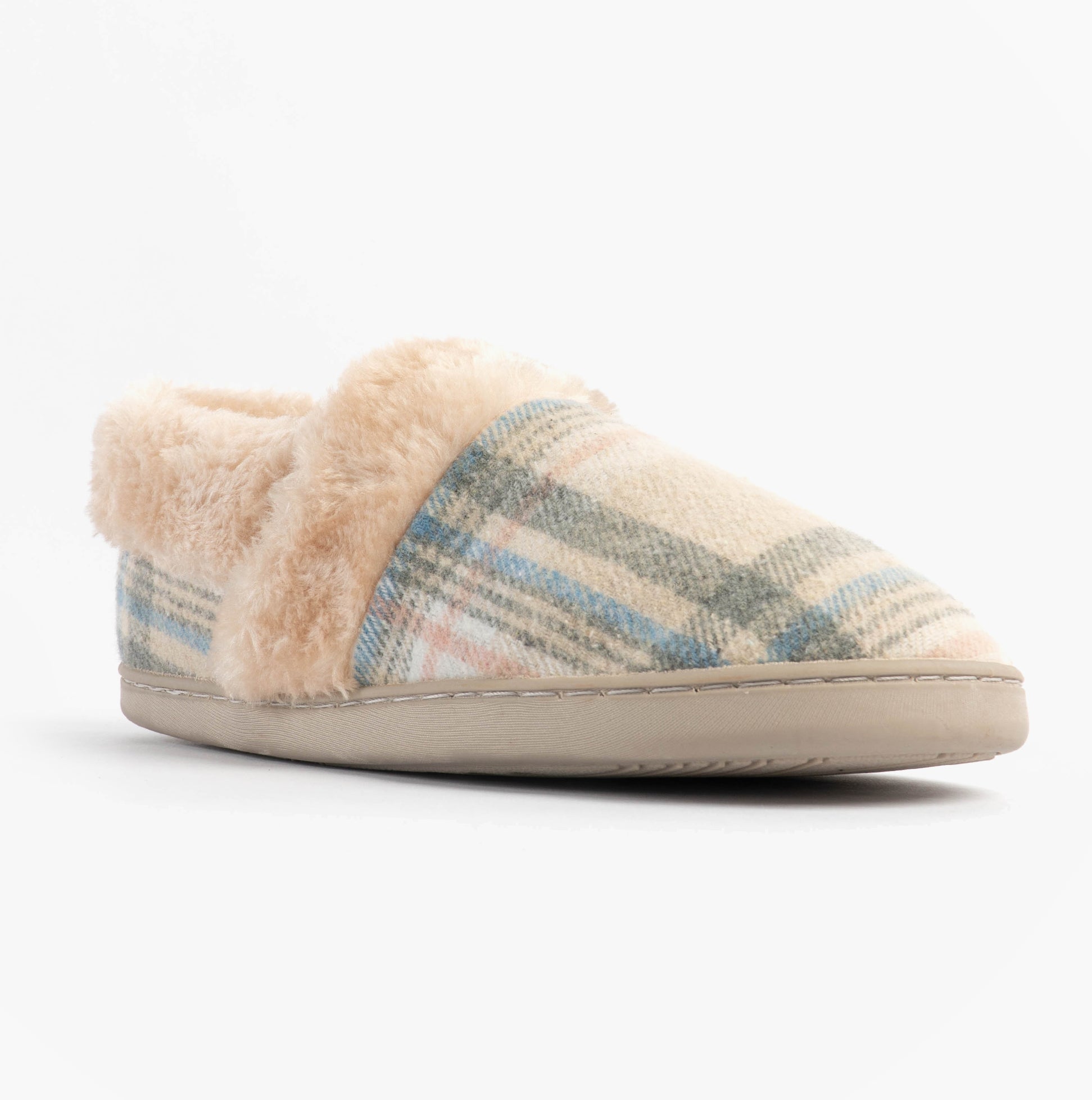 Jo & Joe HERITAGE Womens Full Slippers Oatmeal side view with plush lining and plaid design