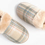 Jo & Joe HERITAGE Womens Full Slippers Oatmeal top view with soft lining and plaid design.