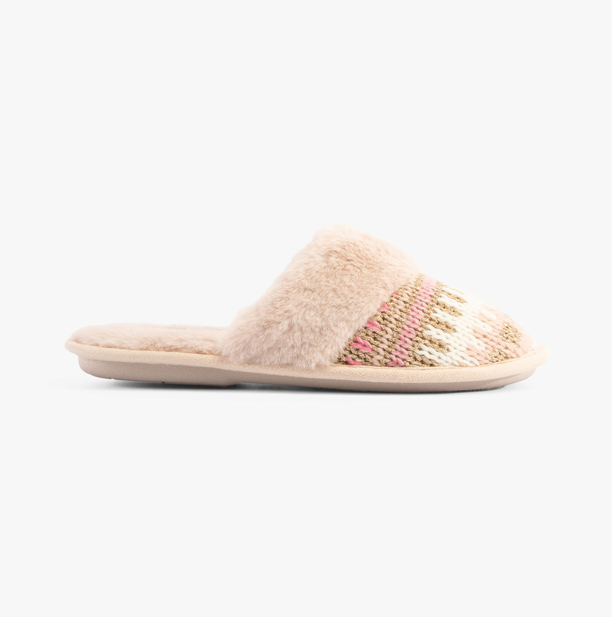 Jo & Joe ICELANDIC Womens Slippers Beige side view showing textile upper, faux fur lining, and round toe design.