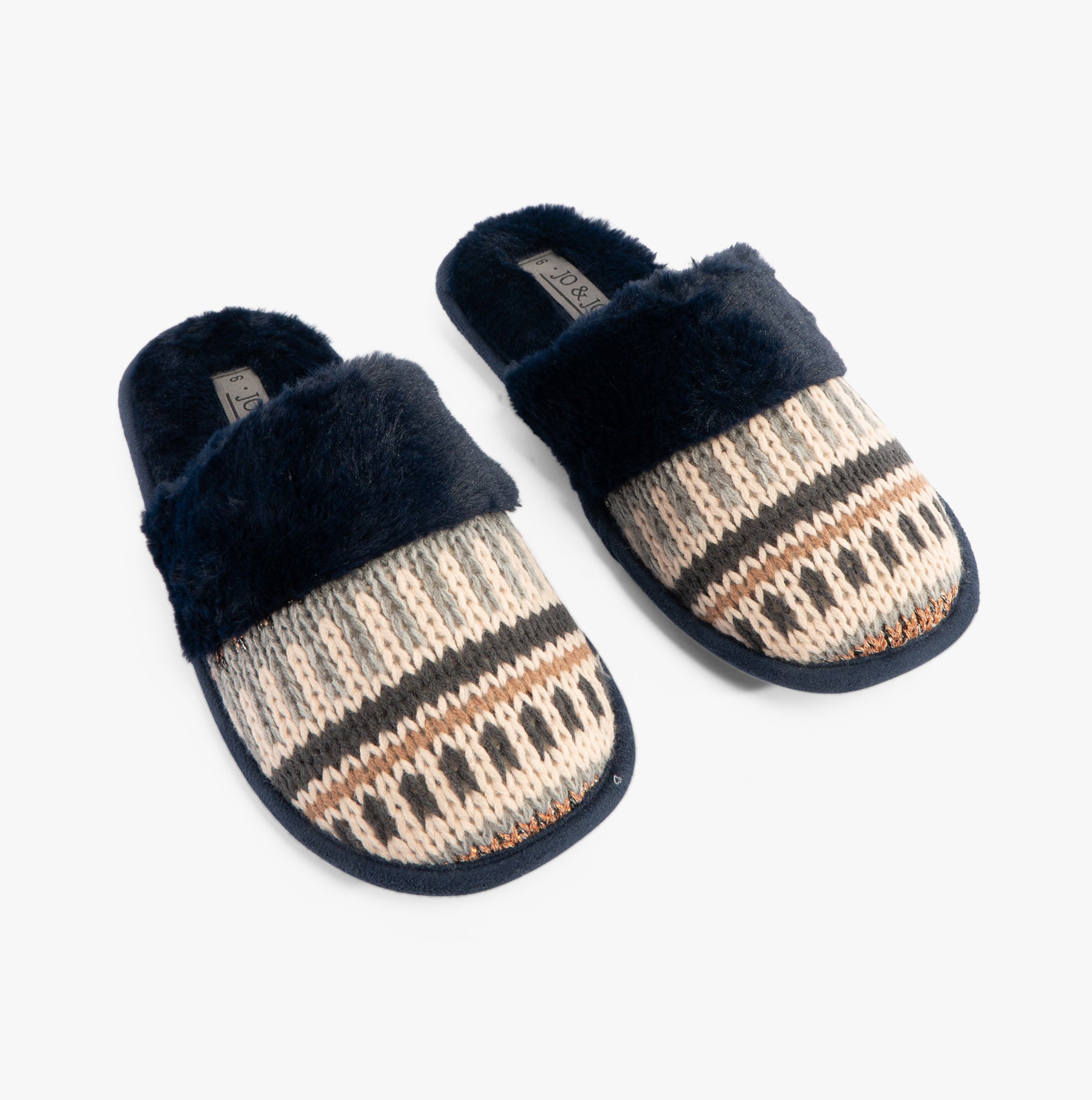 Jo & Joe ICELANDIC Womens Slippers Navy, side view showing textile upper and faux fur lining, comfort mules style.