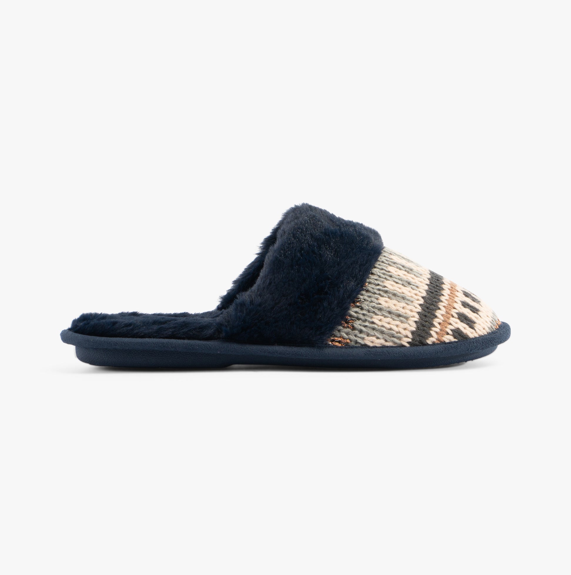Jo & Joe ICELANDIC Womens Slippers Navy side view showing textile upper and faux fur lining.