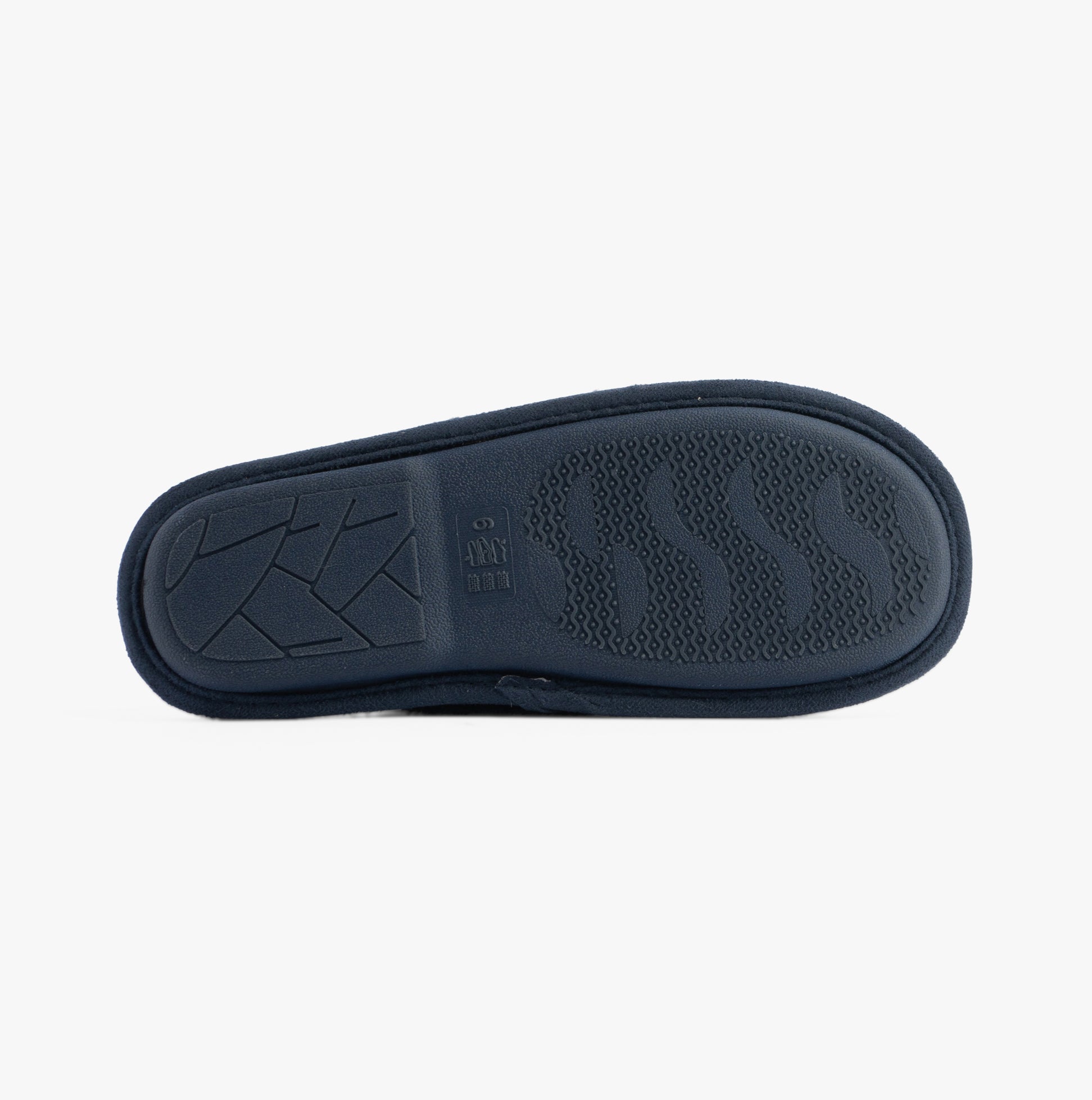 Jo & Joe ICELANDIC Womens Slippers Navy bottom view, showing rubber sole design and texture.