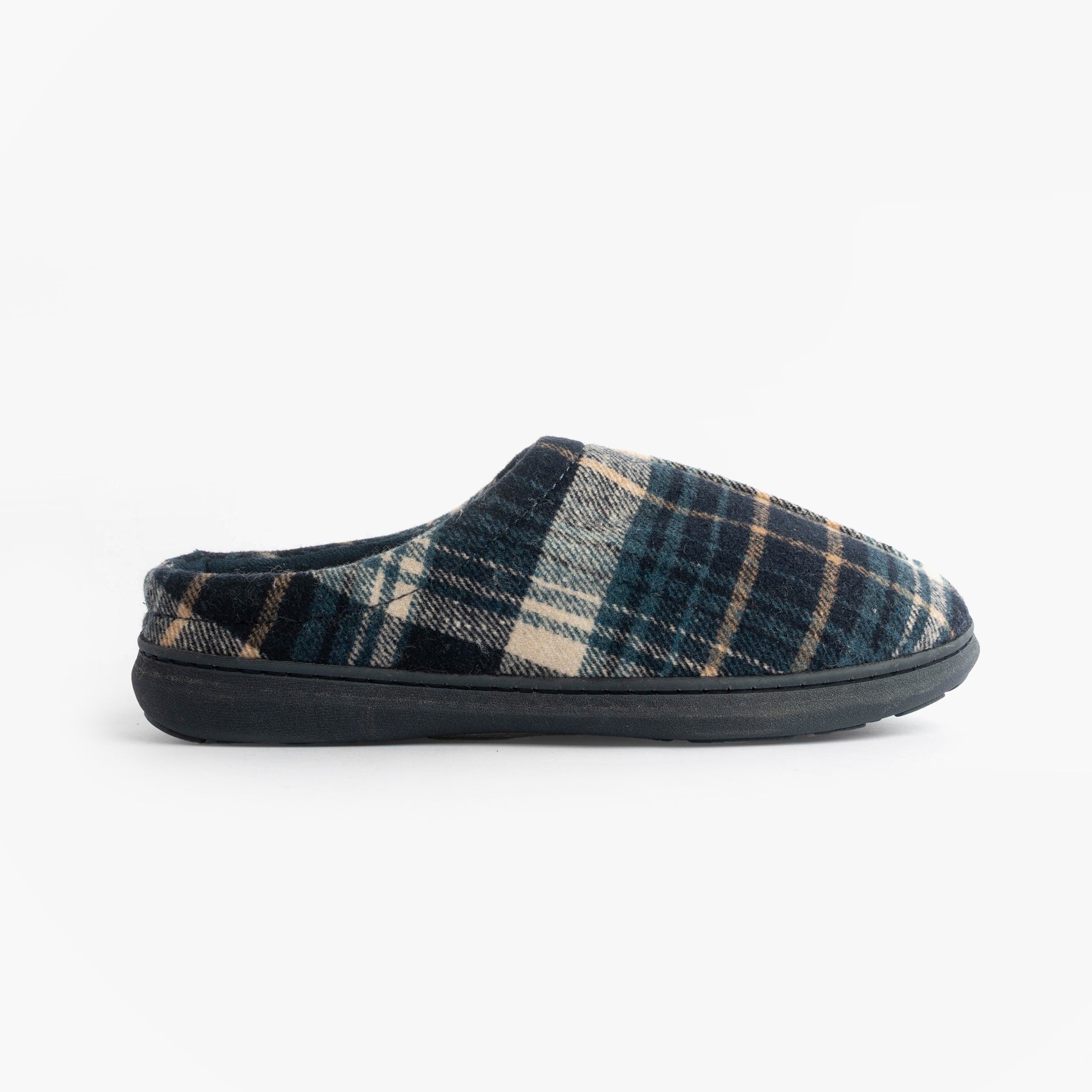 Jo & Joe INVERNESS Mens Mule Slippers Navy side view showing textile upper and round toe design.