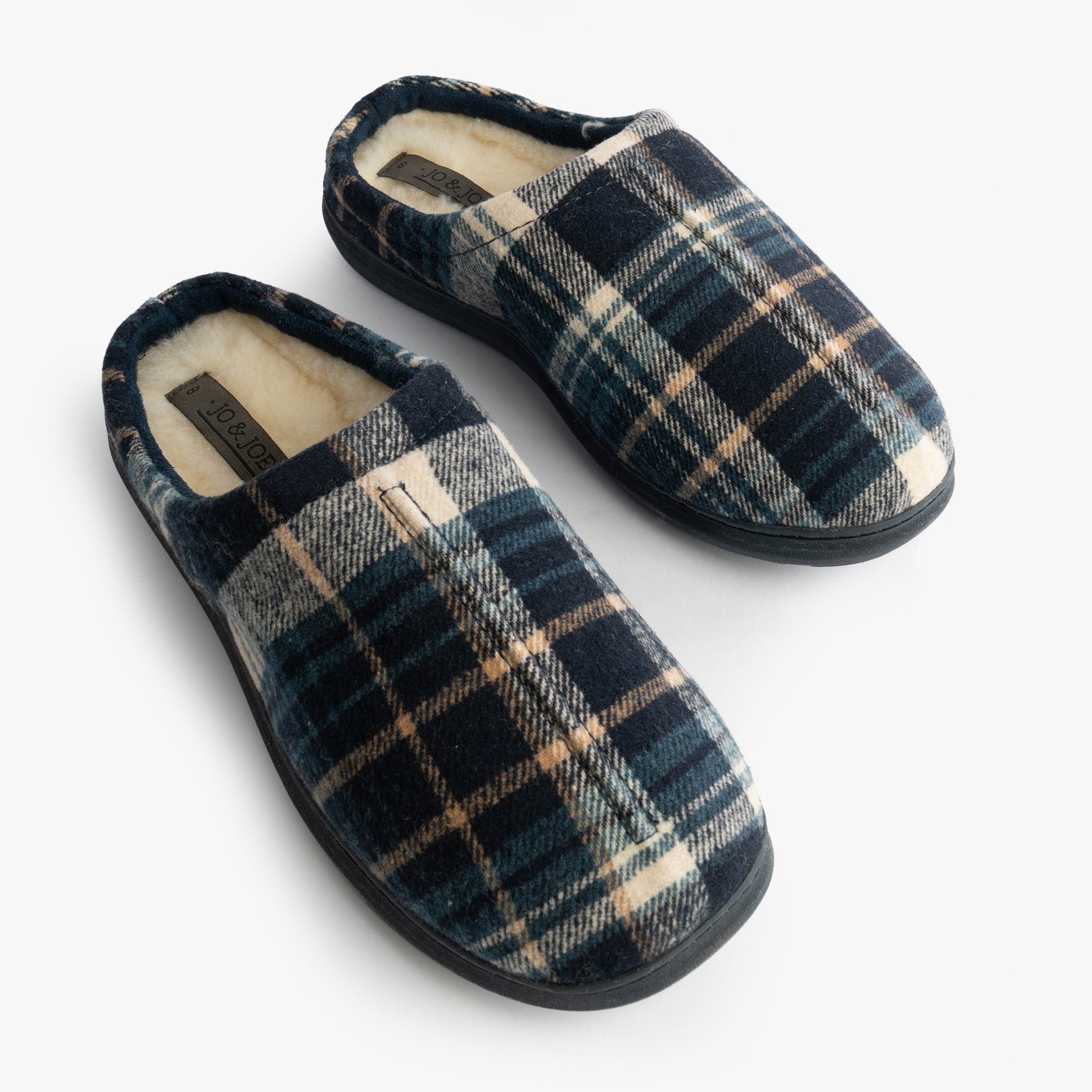Jo & Joe INVERNESS Mens Mule Slippers Navy top view showing soft textile upper and warm lining for comfort.