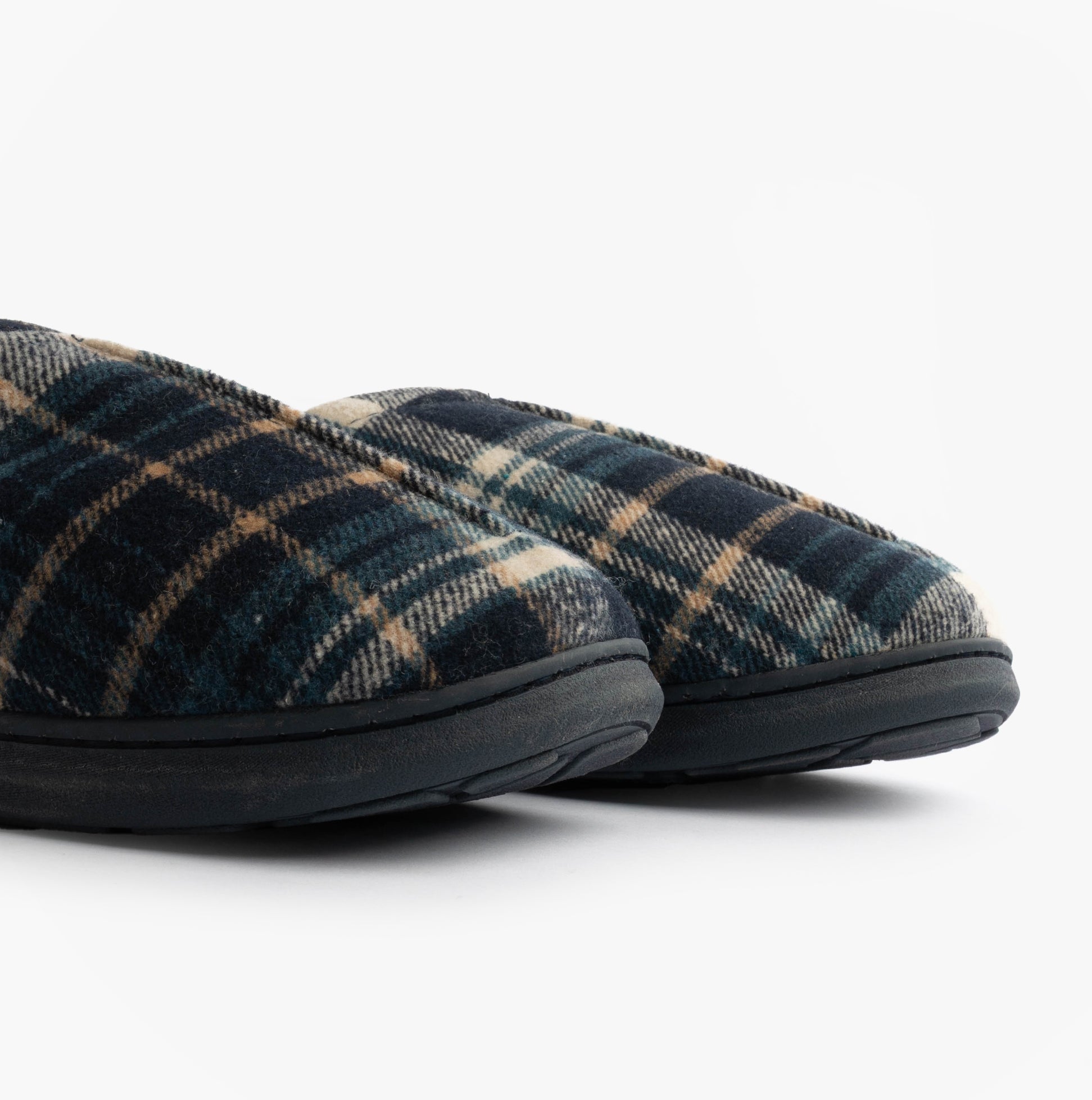 Jo & Joe INVERNESS Mens Mule Slippers Navy side view showing plaid design and slip-on style.