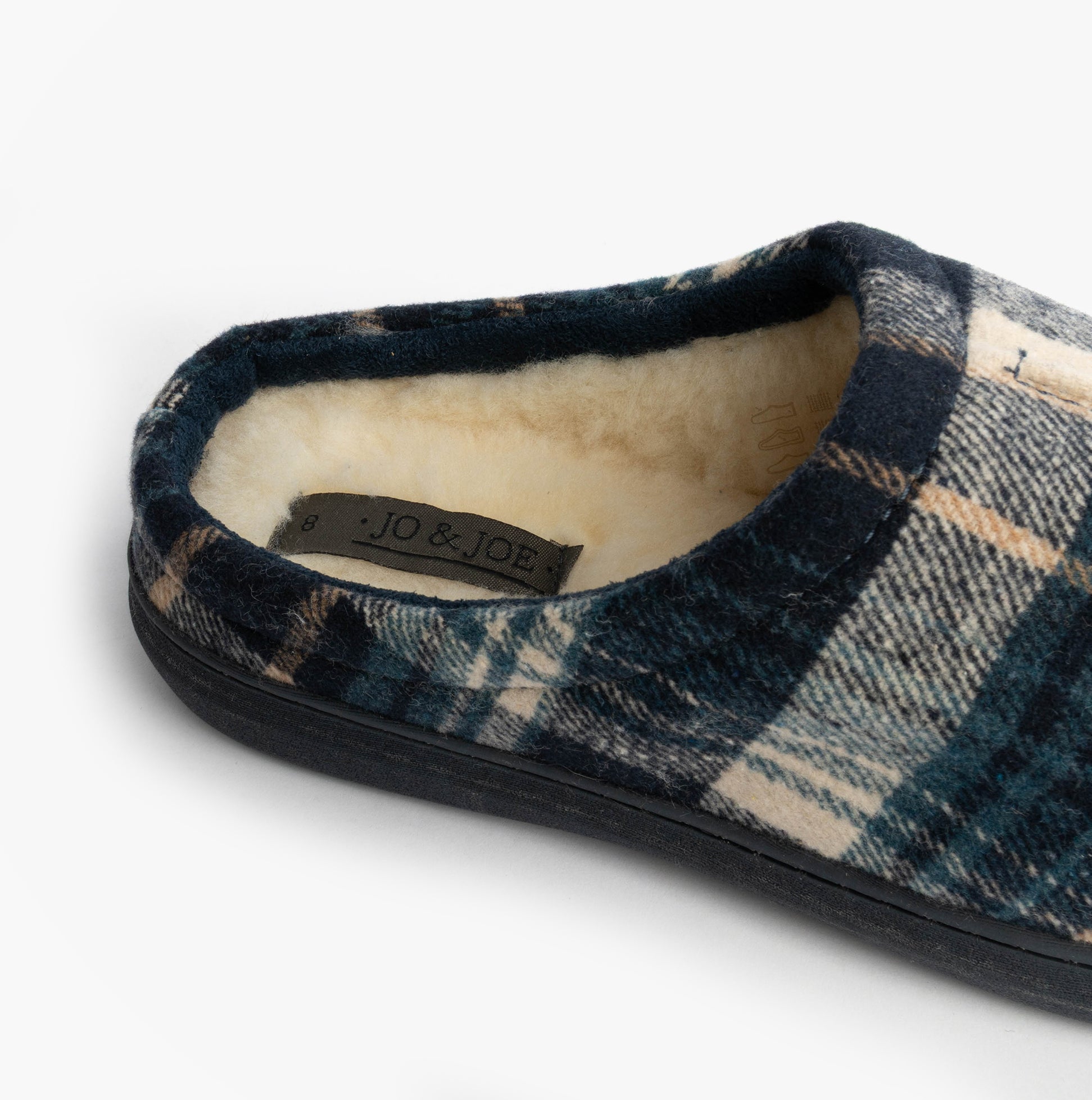 Jo & Joe INVERNESS Mens Mule Slippers Navy detail view showing the soft lining and plaid upper design.