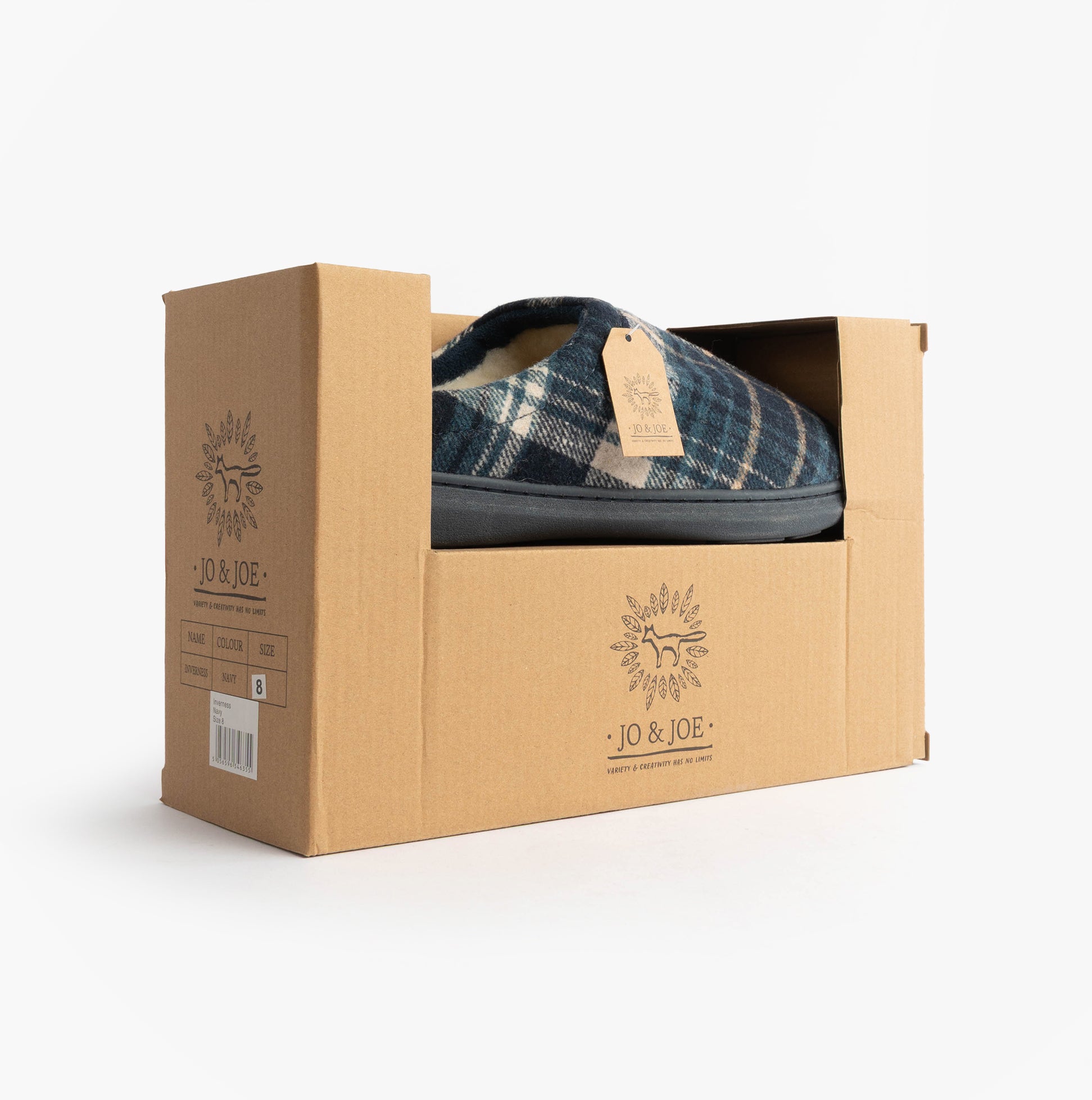 Jo & Joe INVERNESS Mens Mule Slippers Navy in gift box, side view, showcasing the slipper's design and packaging.