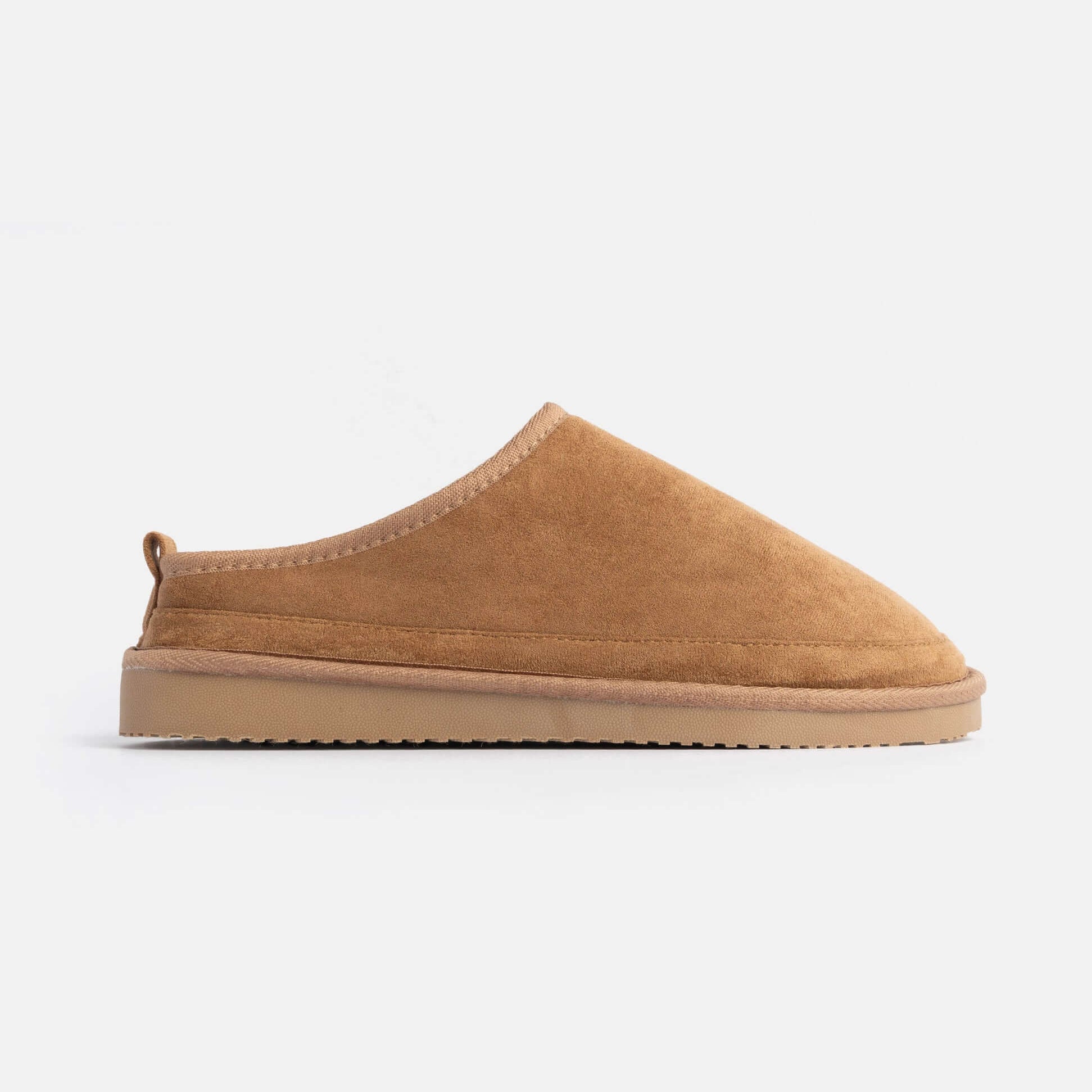 Jo & Joe KINROSS Mens Mule Slippers Chestnut side view showing soft microfibre upper and slip-on design.