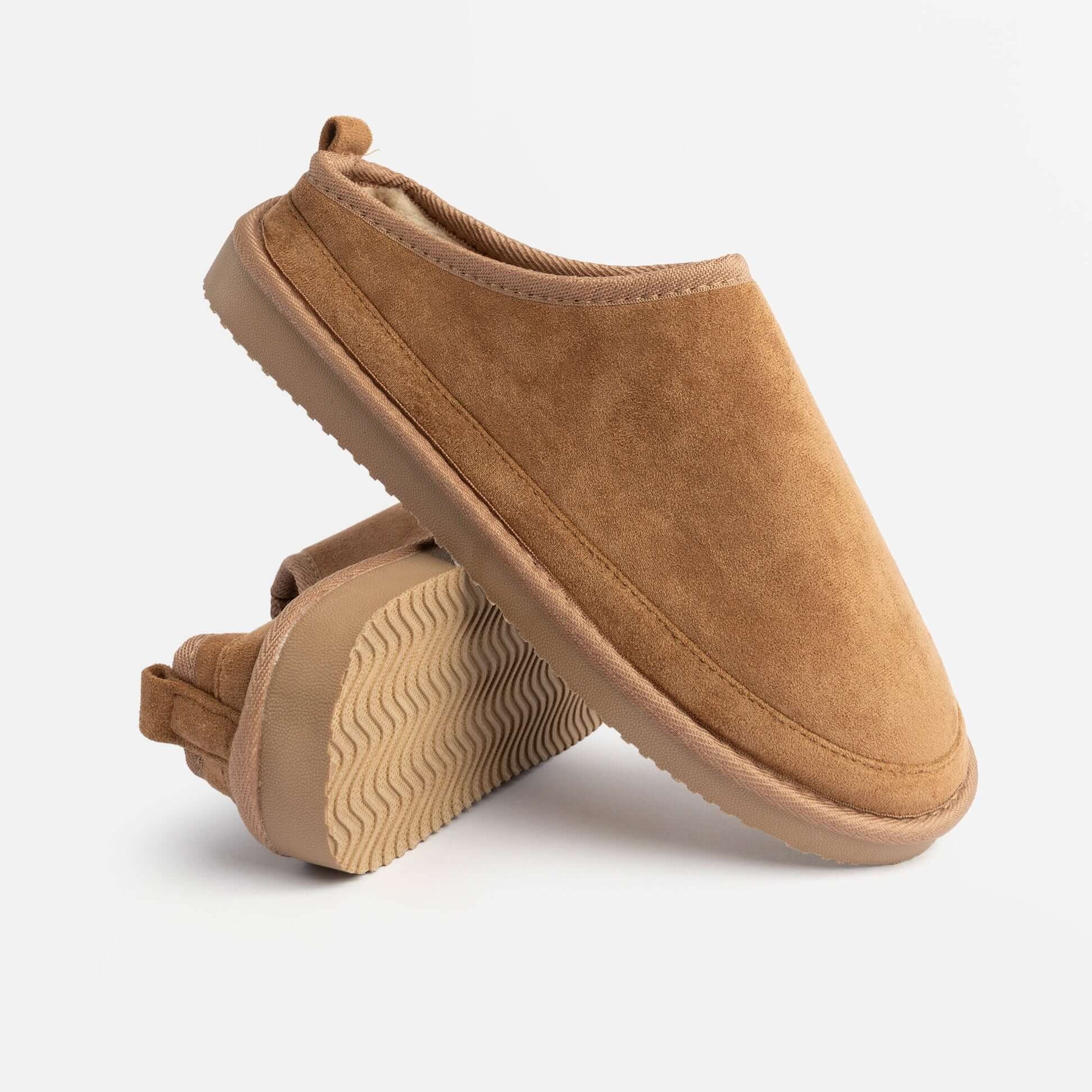 Jo & Joe KINROSS Mens Mule Slippers Chestnut side view showcasing soft microfibre and faux fur lining.