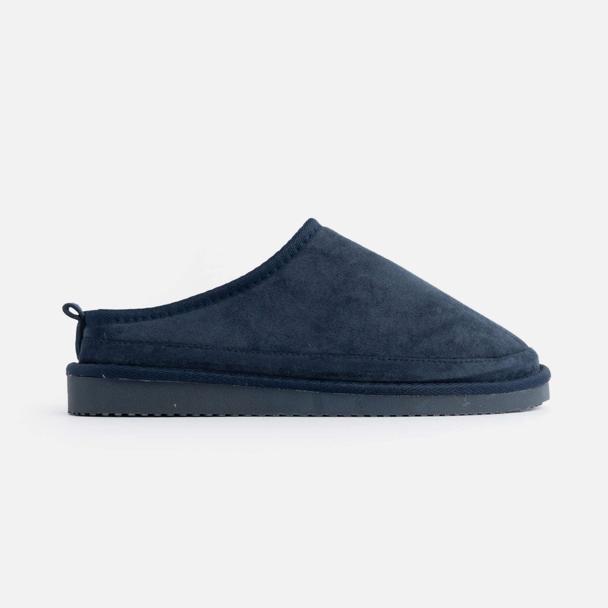 Jo & Joe KINROSS Mens Mule Slippers Navy side view showing soft microfibre upper and slip-on design.