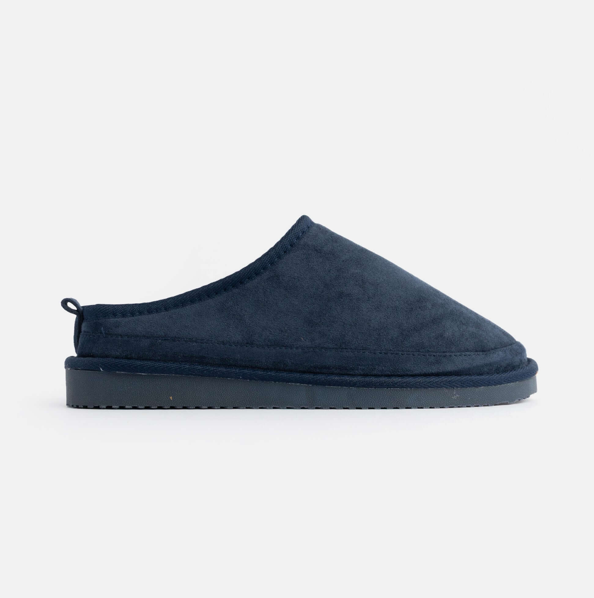 Jo & Joe KINROSS Mens Mule Slippers Navy side view showing soft microfibre upper and slip-on design.