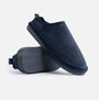 Jo & Joe KINROSS Mens Mule Slippers Navy - Side view of navy microfiber slippers with faux fur lining.