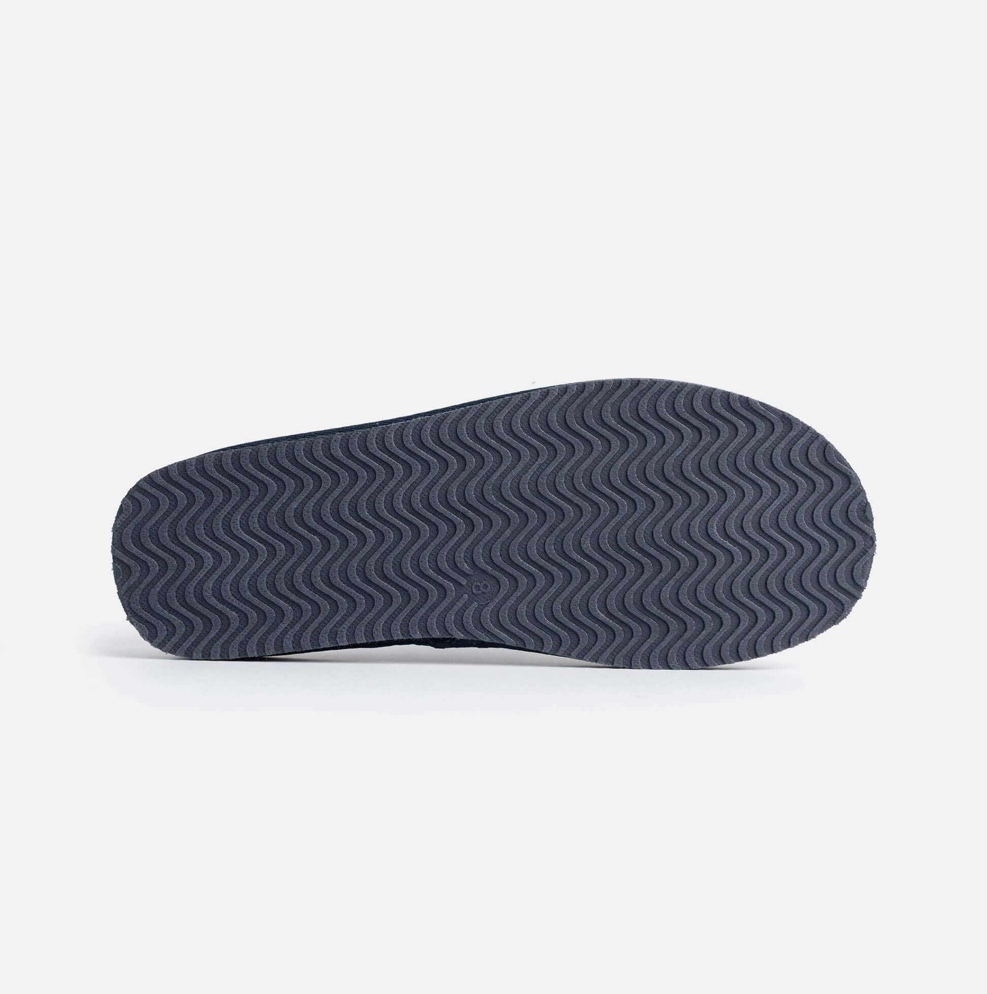 Jo & Joe KINROSS Mens Mule Slippers Navy bottom view of sole, featuring wave pattern and durable EVA/fabric material.