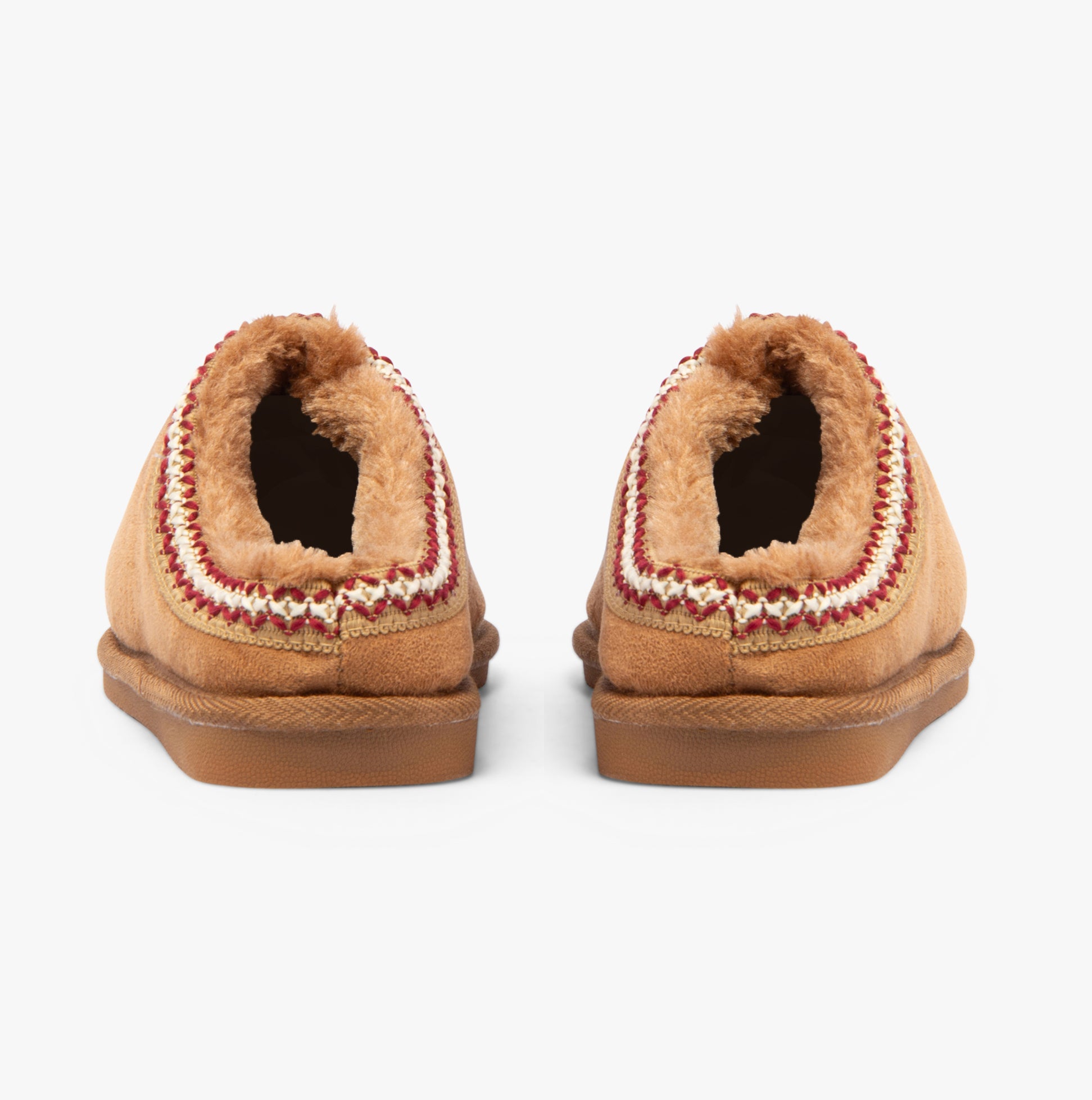 Jo & Joe KOALA Womens Slippers Chestnut rear view showcasing cozy faux fur lining and decorative detail.