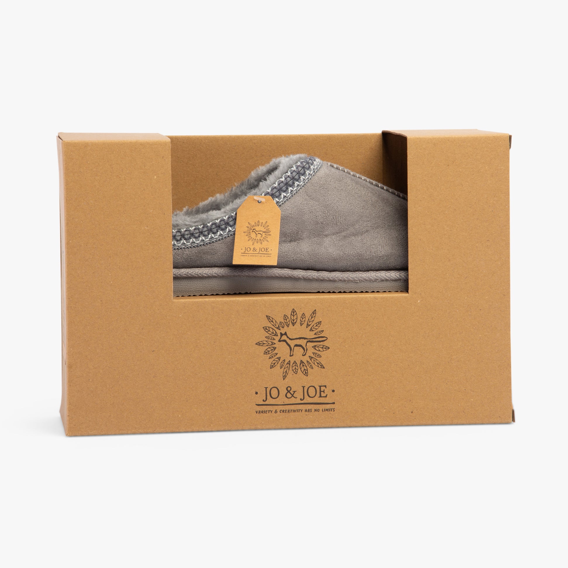 Jo & Joe KOALA Womens Slippers Grey in gift box with front view of the slipper visible.