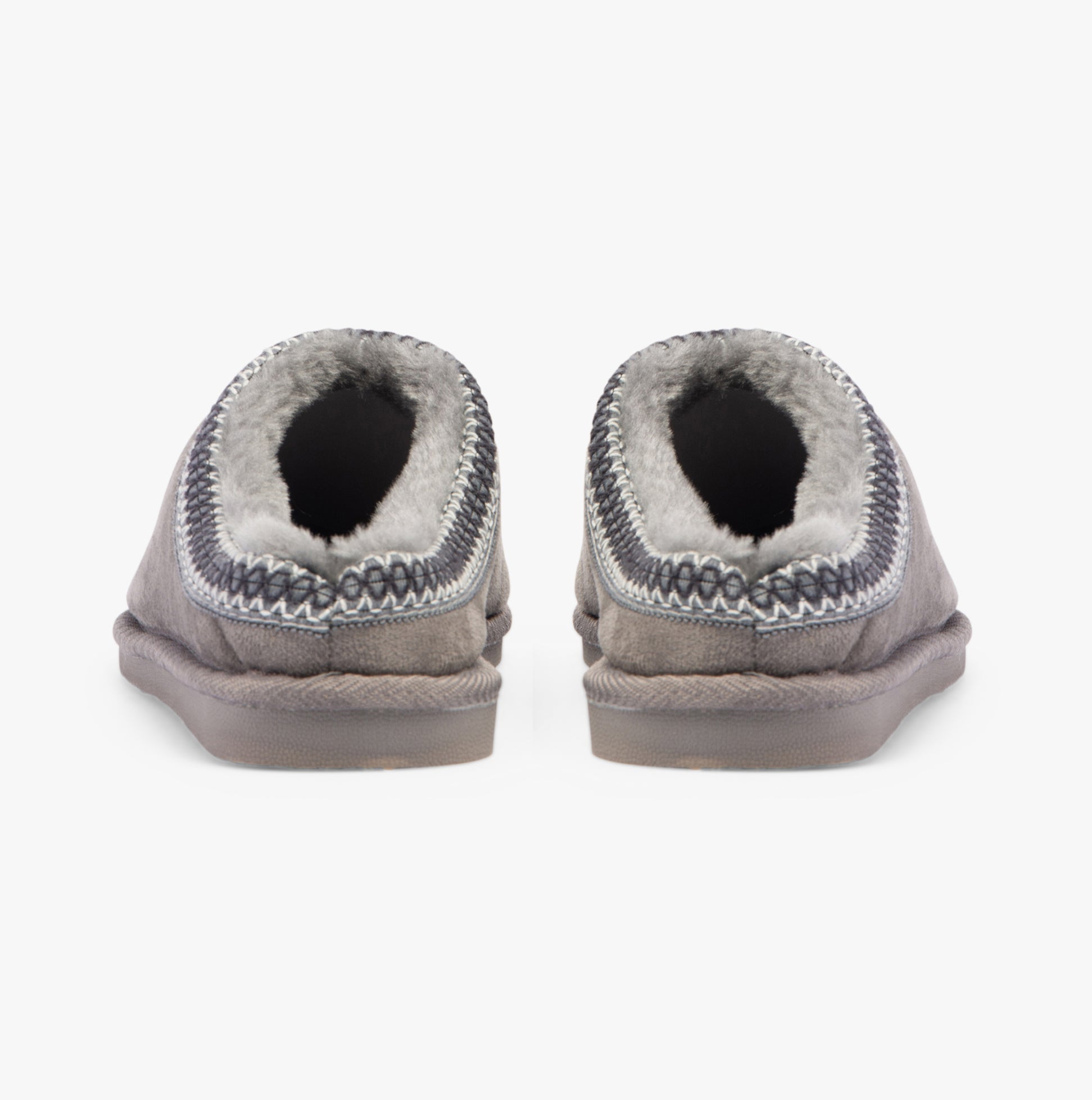 Jo & Joe KOALA Womens Slippers Grey back view showcasing the round toe, faux fur lining, and slip-on design.