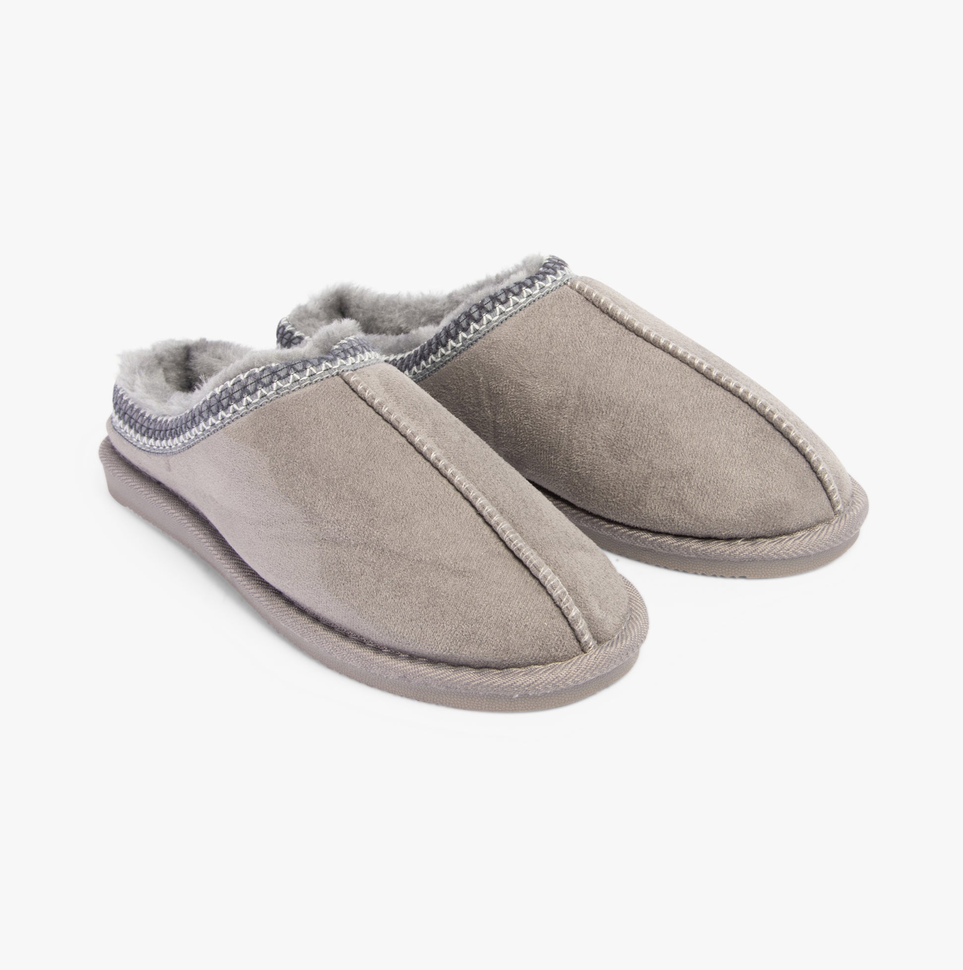 Jo & Joe KOALA Womens Slippers Grey, side view of cozy slip-on mules with faux fur lining and rubber sole.