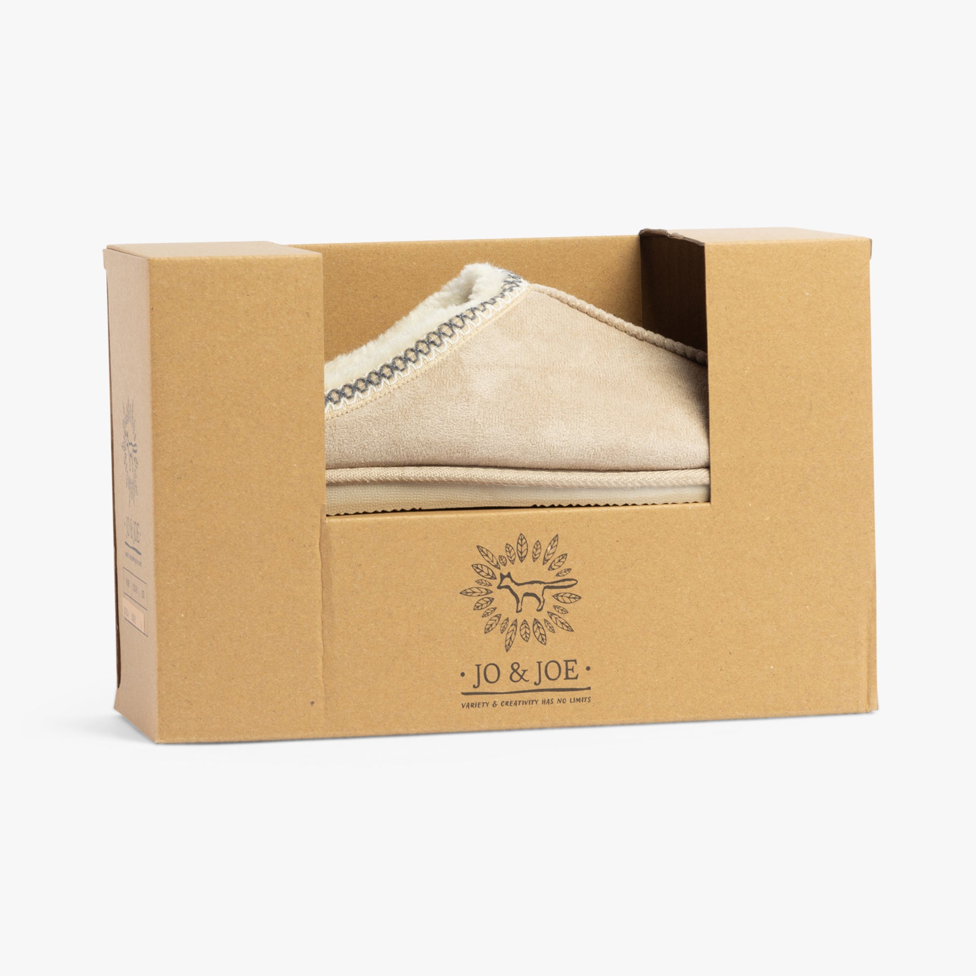 Jo & Joe KOALA Womens Slippers Beige in gift box, showcasing beige mules with decorations, side view.