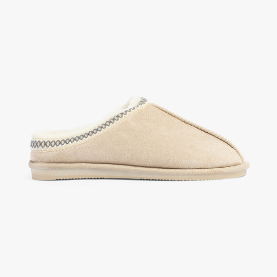 Jo & Joe KOALA Womens Slippers Beige side view showing textile upper and faux fur lining for comfort.