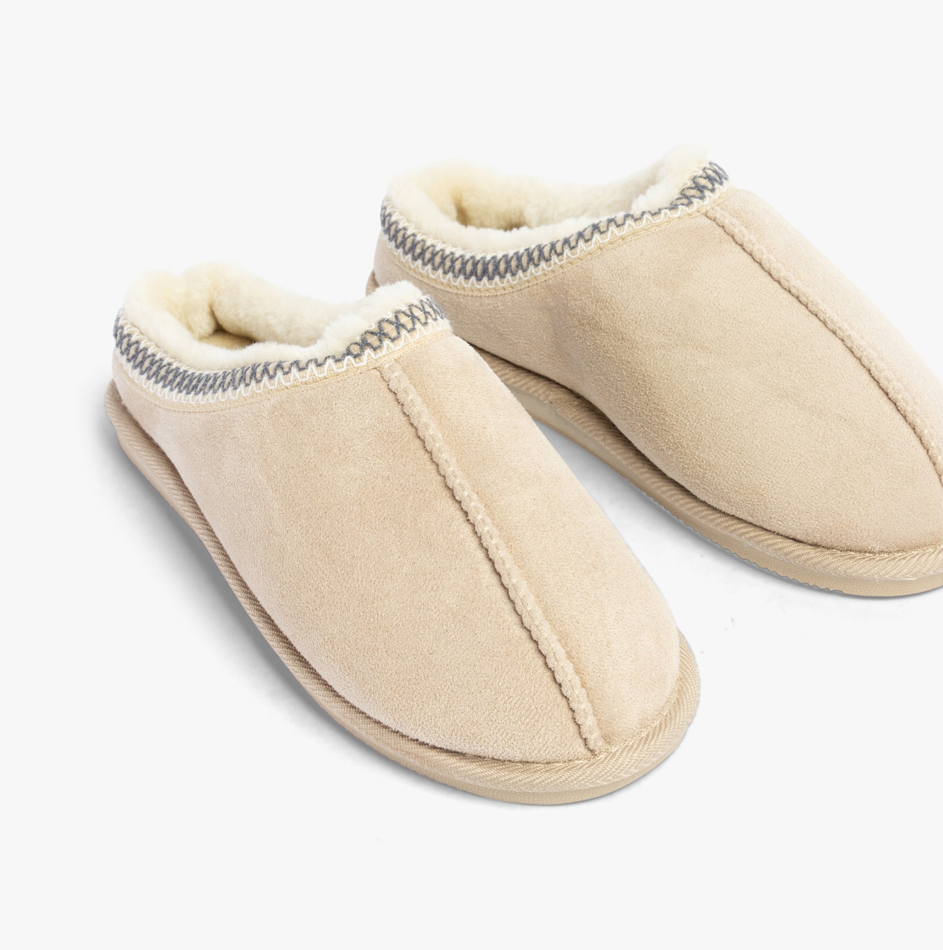 Jo & Joe KOALA Womens Slippers Beige side view, slip-on mules with faux fur lining and rubber sole.