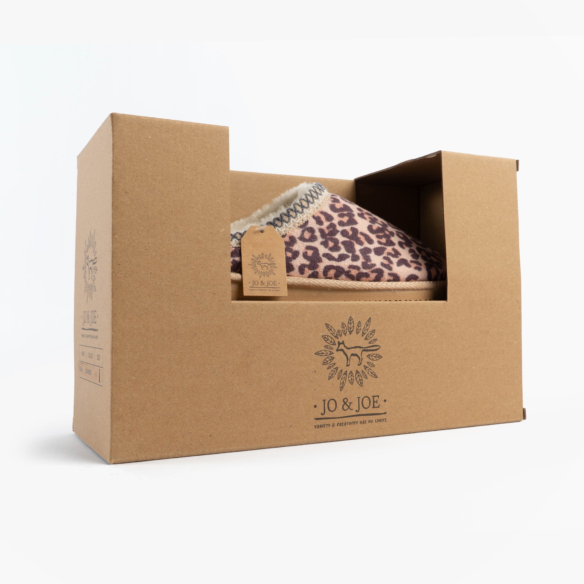Jo & Joe KOALA Womens Mule Slippers Leopard in eco-friendly gift box side view.