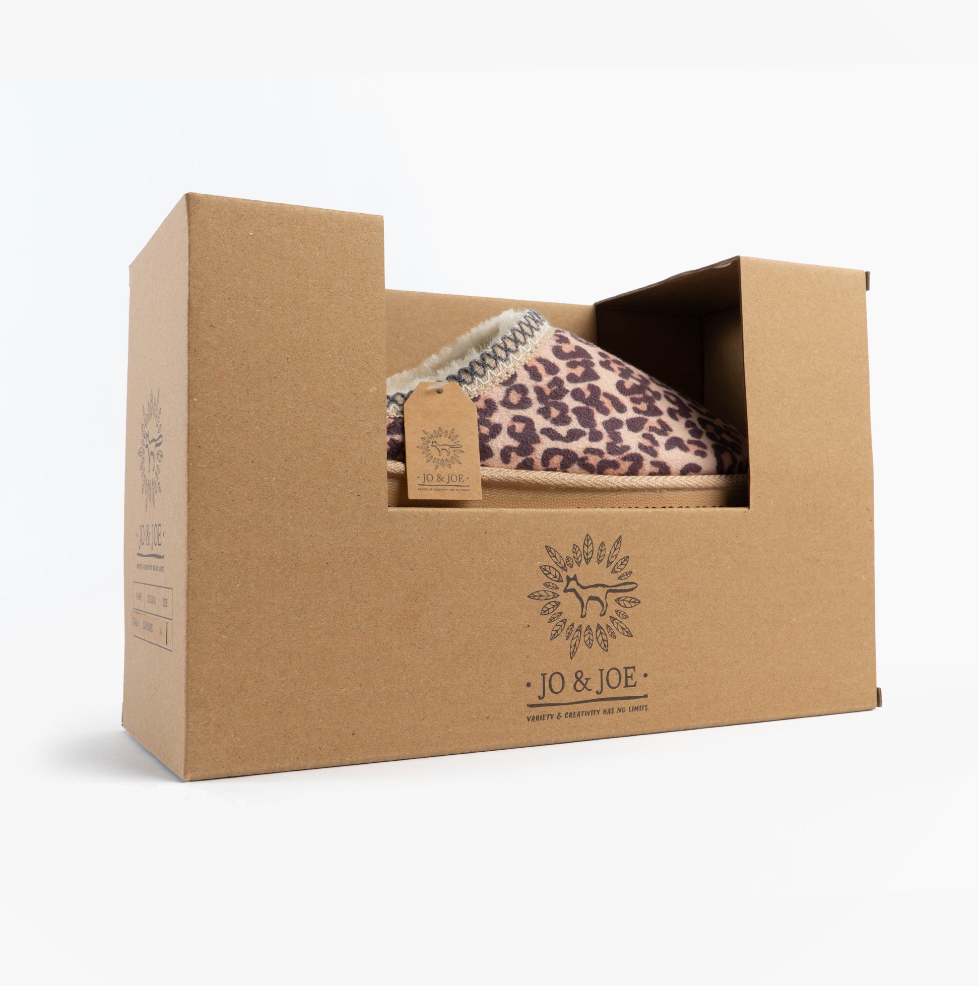 Jo & Joe KOALA Womens Mule Slippers Leopard in eco-friendly gift box side view.