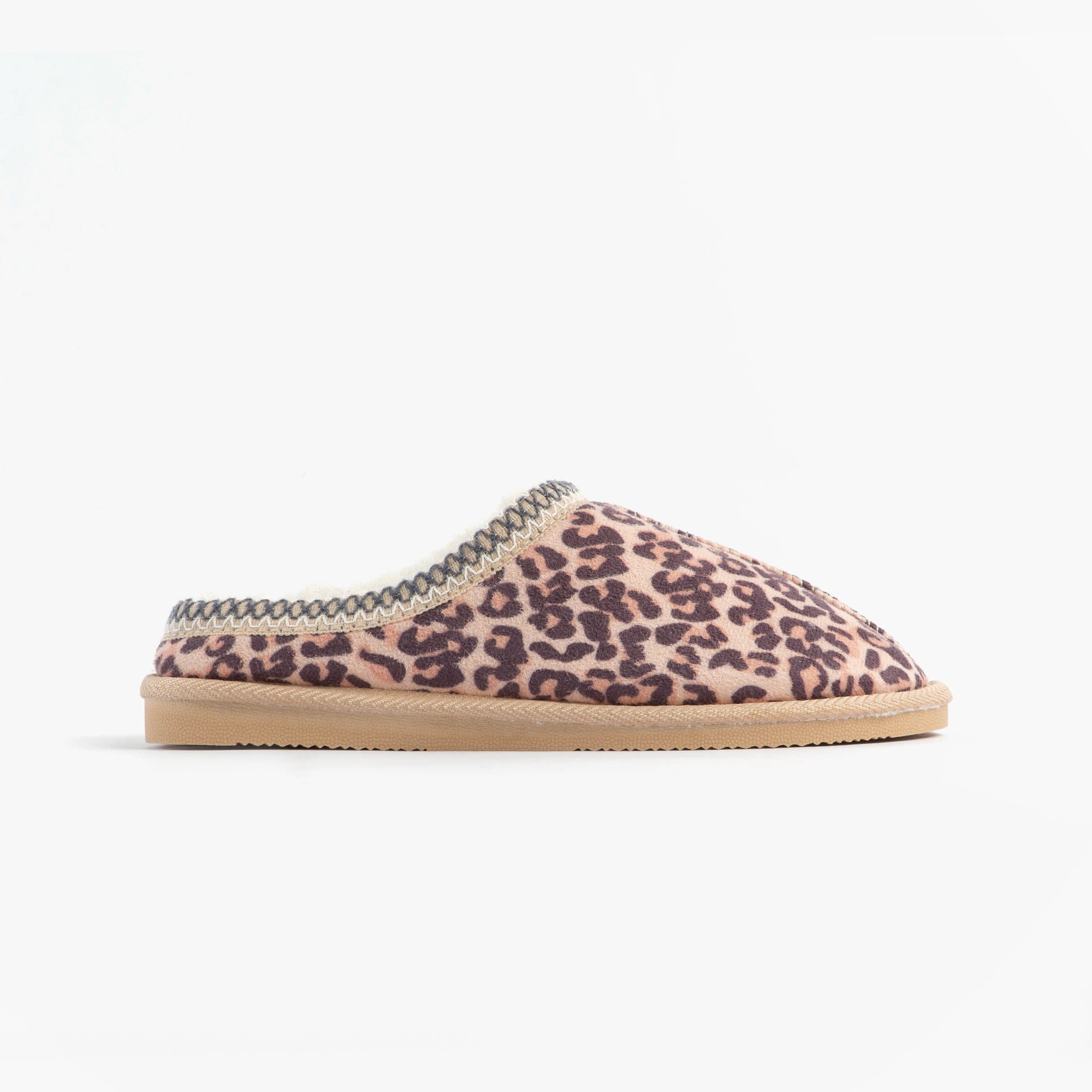 Jo & Joe KOALA Womens Mule Slippers Leopard side view showing leopard print upper and rubber sole.