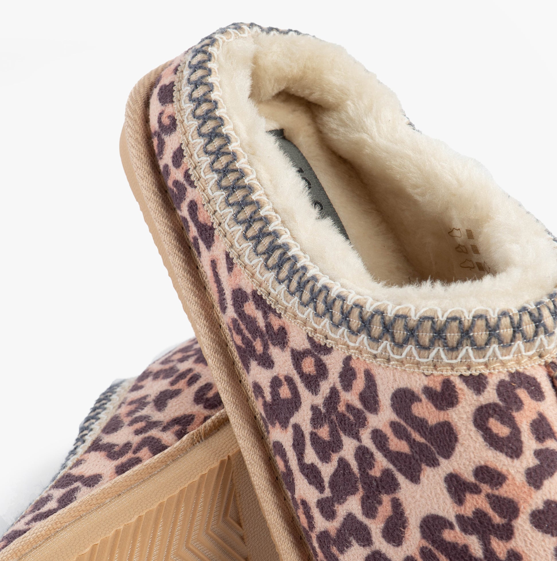 Jo & Joe KOALA Womens Mule Slippers Leopard detail view showcasing soft lining and leopard print design.