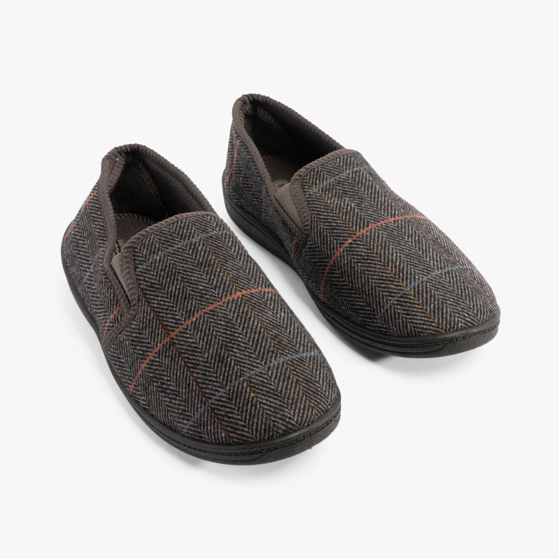 Jo & Joe LAWRENCE Mens Slippers Grey, side view showing slip-on design and textile upper with herringbone pattern.