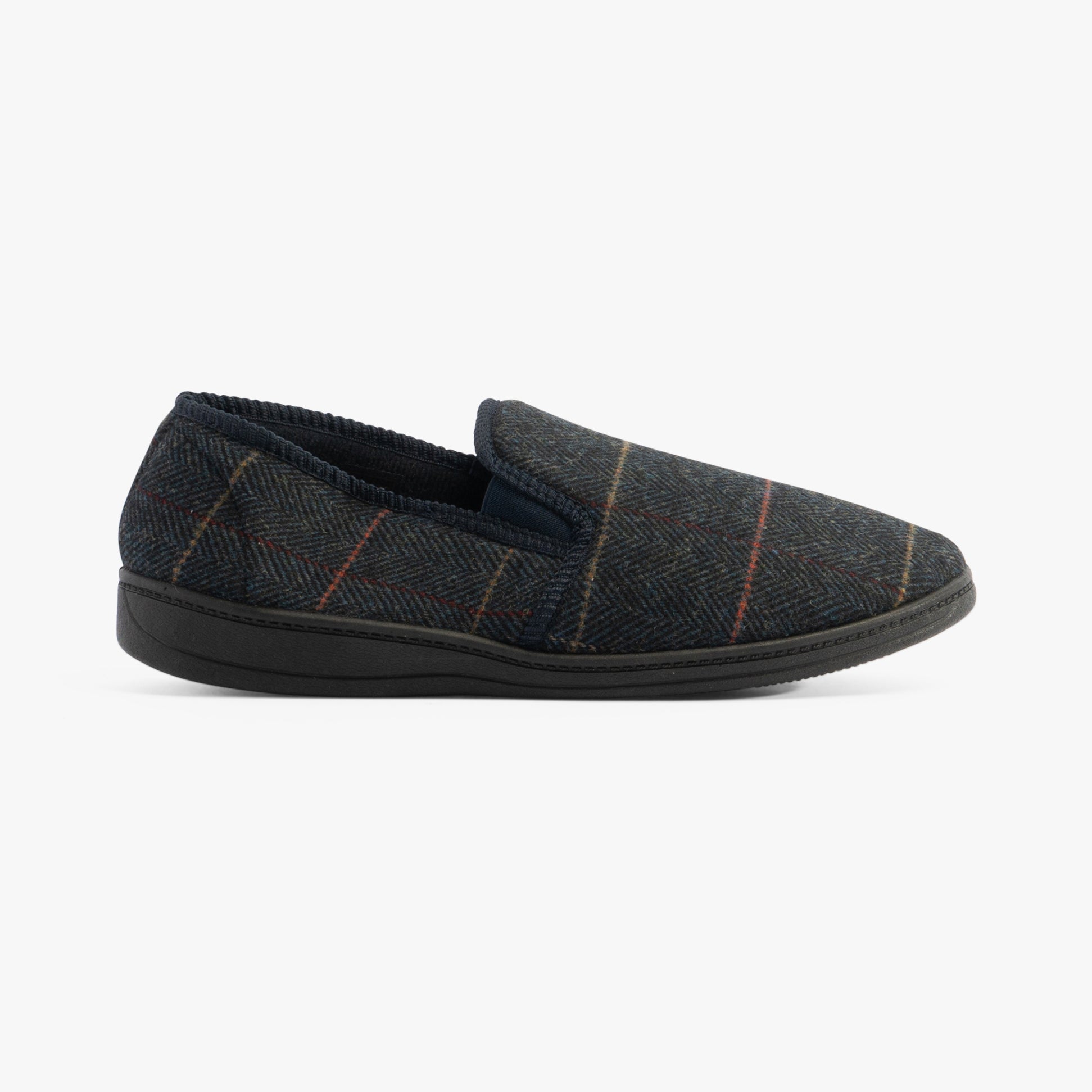 Jo & Joe LAWRENCE Mens Slippers Navy side view showing textile upper and rubber sole.