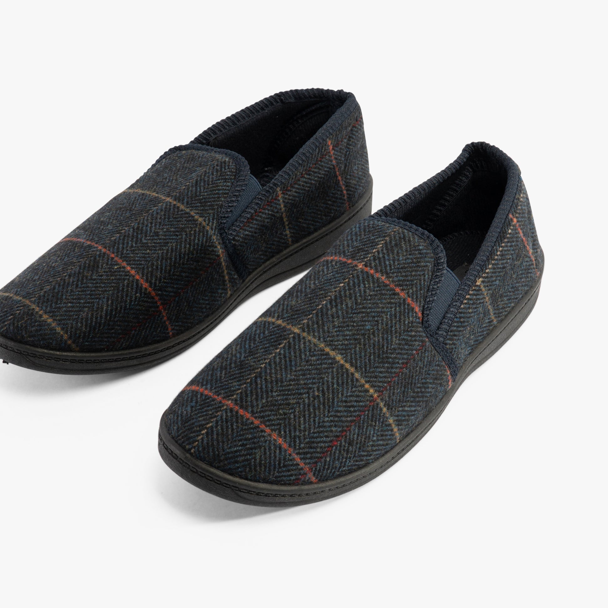 Jo & Joe LAWRENCE Mens Slippers Navy, side view, showing textile upper and rubber sole in herringbone pattern.