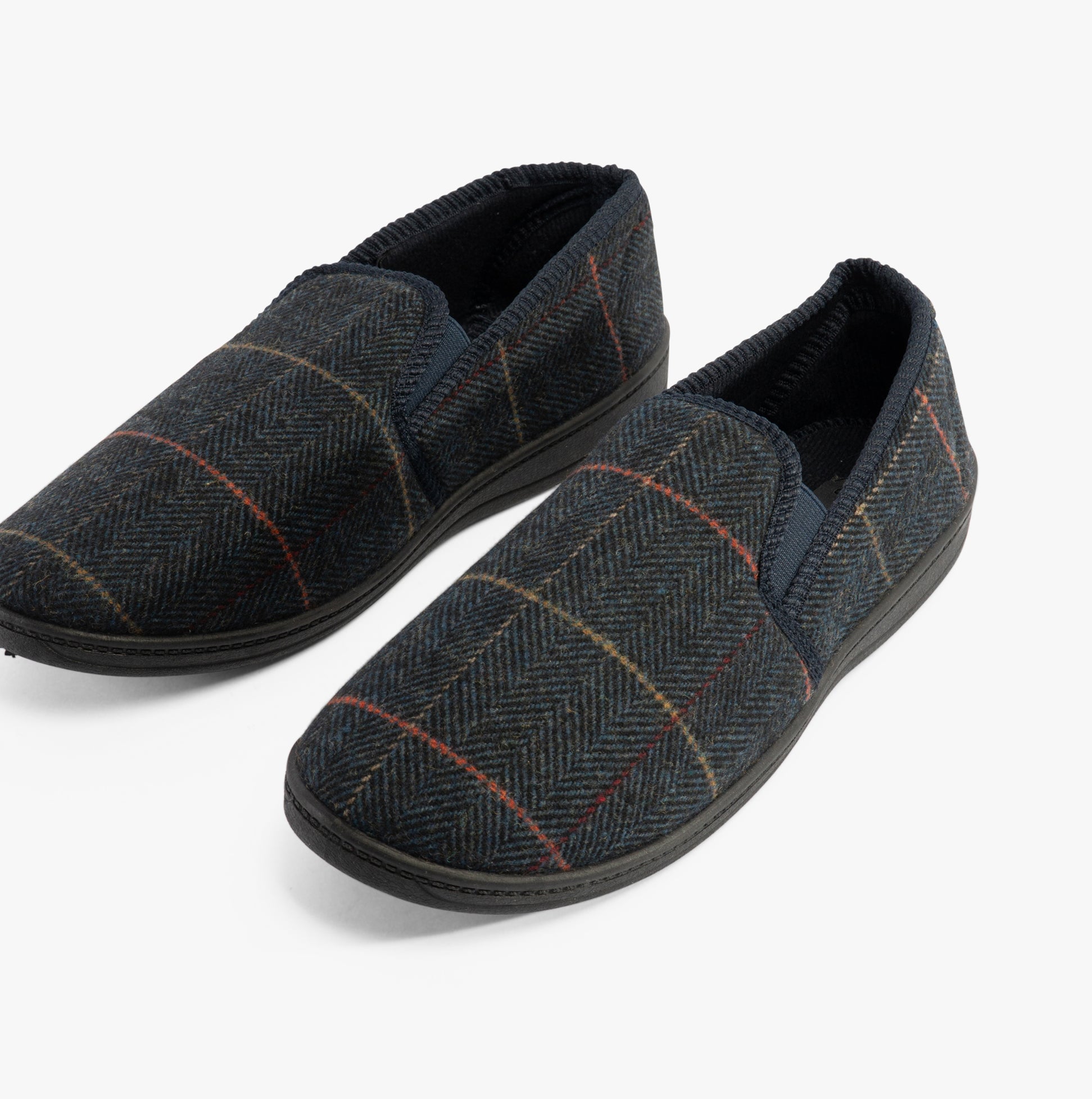 Jo & Joe LAWRENCE Mens Slippers Navy, side view, showing textile upper and rubber sole in herringbone pattern.