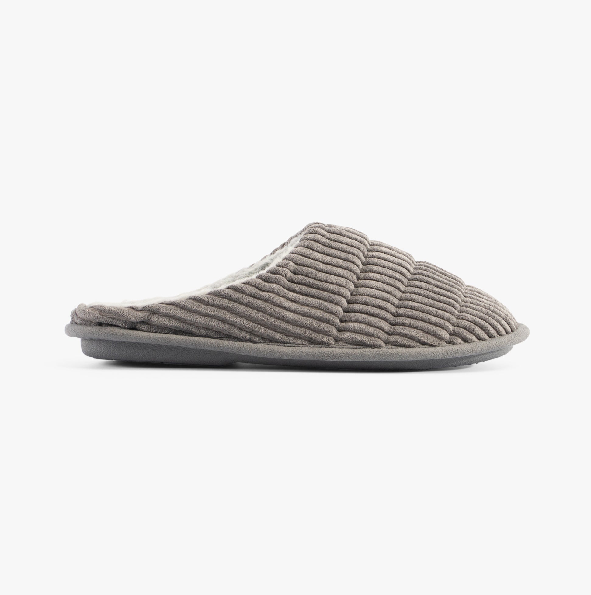 Jo & Joe LINEA Womens Slippers Grey side view, textured upper, faux fur lining, flat rubber sole for comfort.