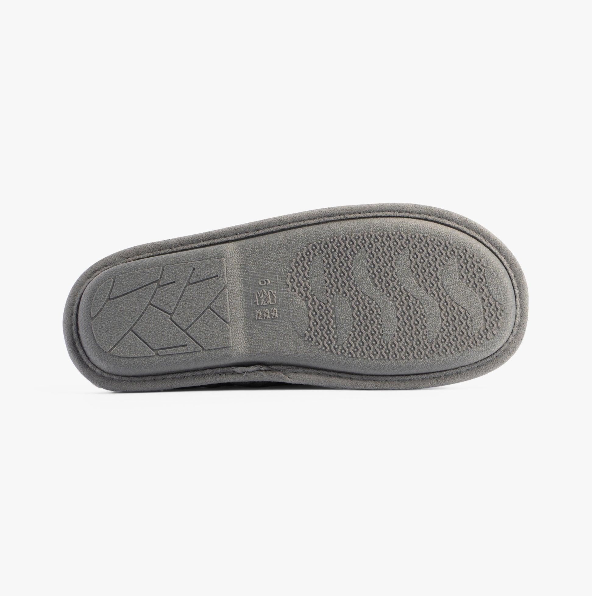 Jo & Joe LINEA Womens Slippers Grey bottom view of rubber sole with textured grip patterns.