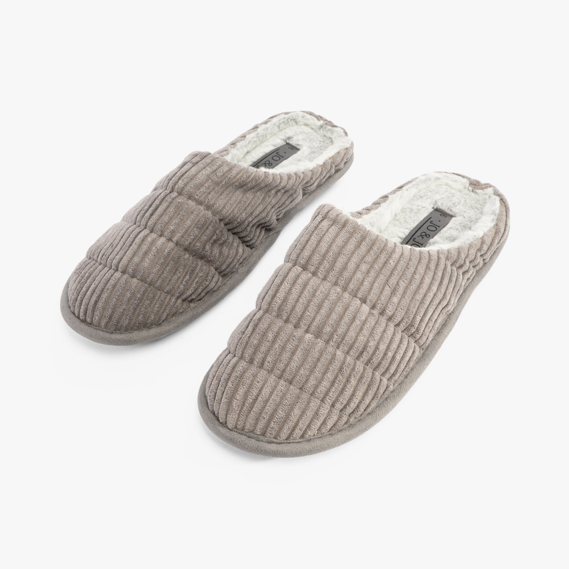 Jo & Joe LINEA Womens Slippers Grey, side view showing soft textile upper and faux fur lining.