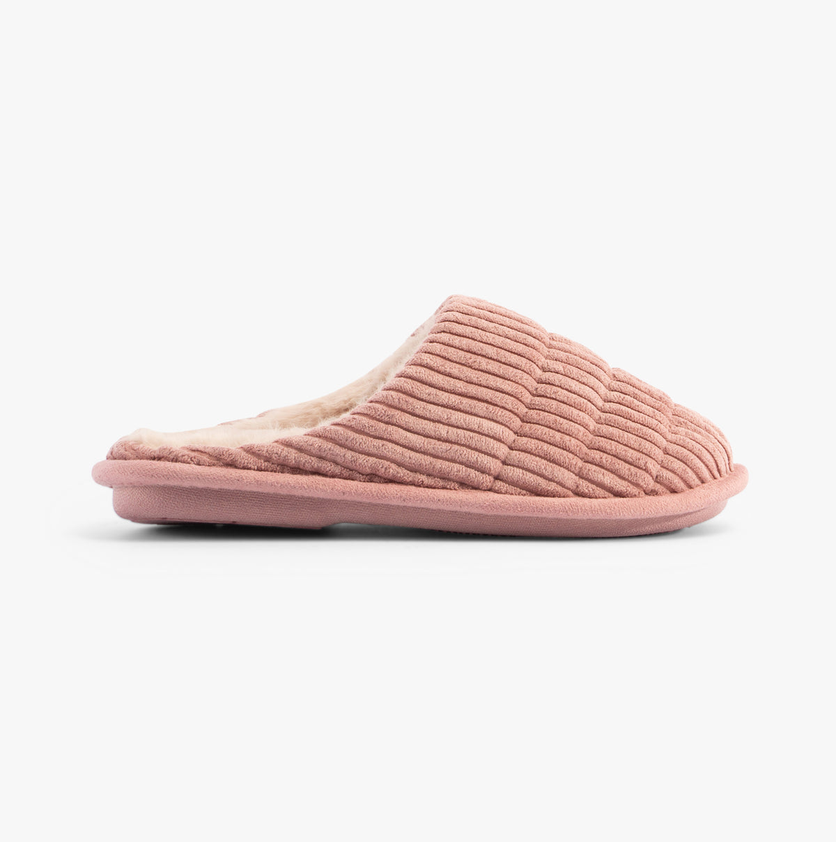 Jo & Joe LINEA Womens Slippers Pink, side view, soft textile upper, faux fur lining, comfortable slip-on mules.