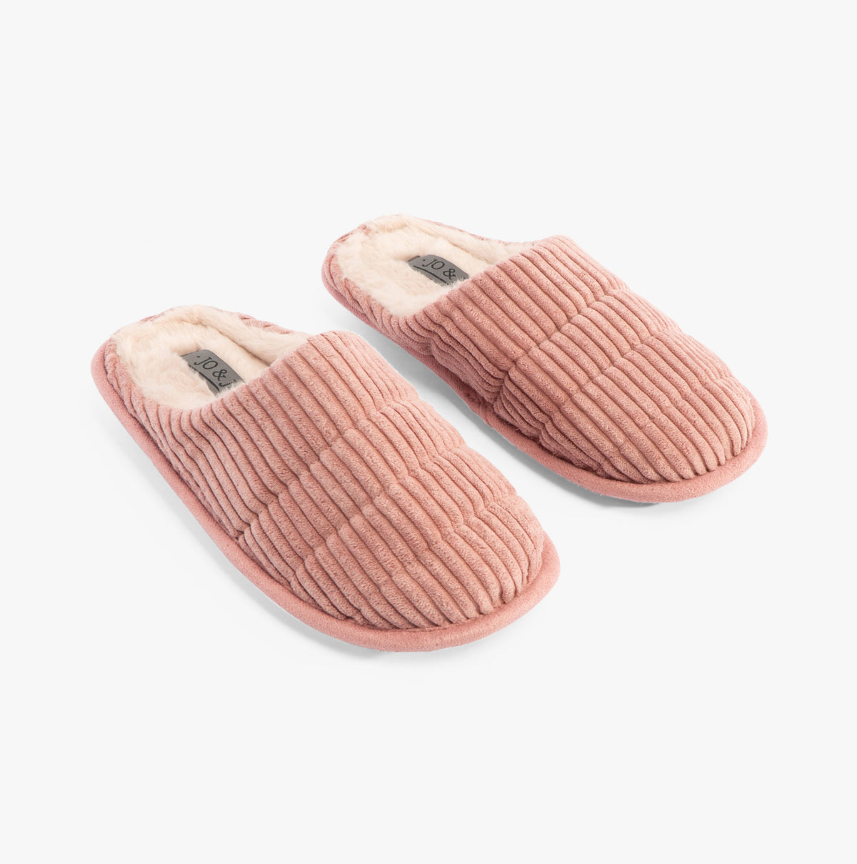 Jo & Joe LINEA Womens Slippers Pink side view featuring cozy faux fur lining and textured textile upper.