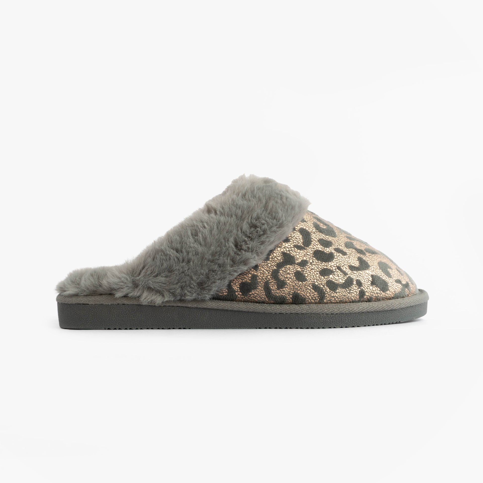Jo & Joe LYLA Womens Mule Slippers Grey side view showcasing plush lining and stylish design.