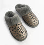 Jo & Joe LYLA Womens Mule Slippers Grey top view showing comfort lining and stylish leopard print design