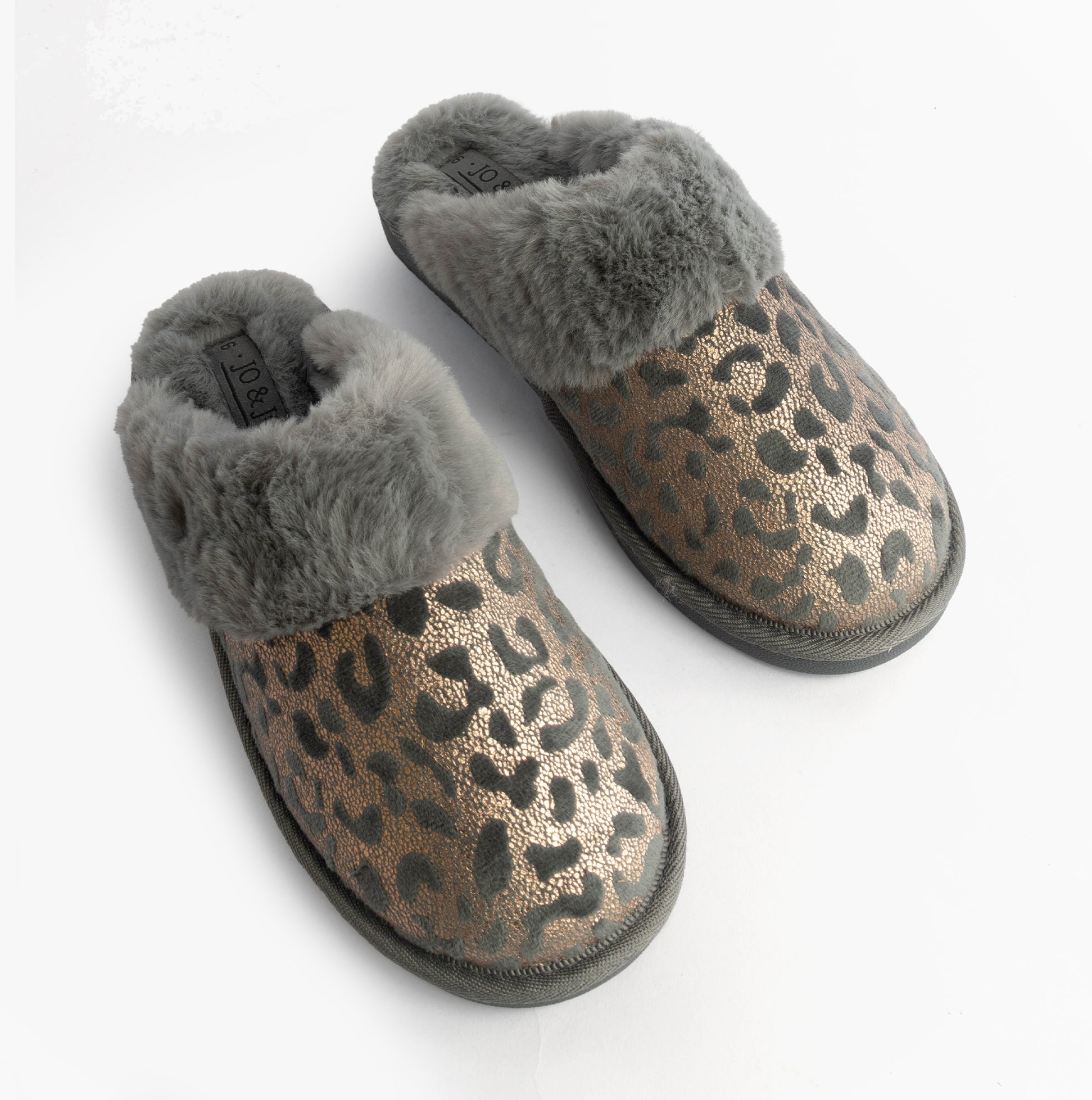 Jo & Joe LYLA Womens Mule Slippers Grey top view showing comfort lining and stylish leopard print design