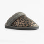 Jo & Joe LYLA Womens Mule Slippers Grey side view with leopard print upper and grey faux fur lining