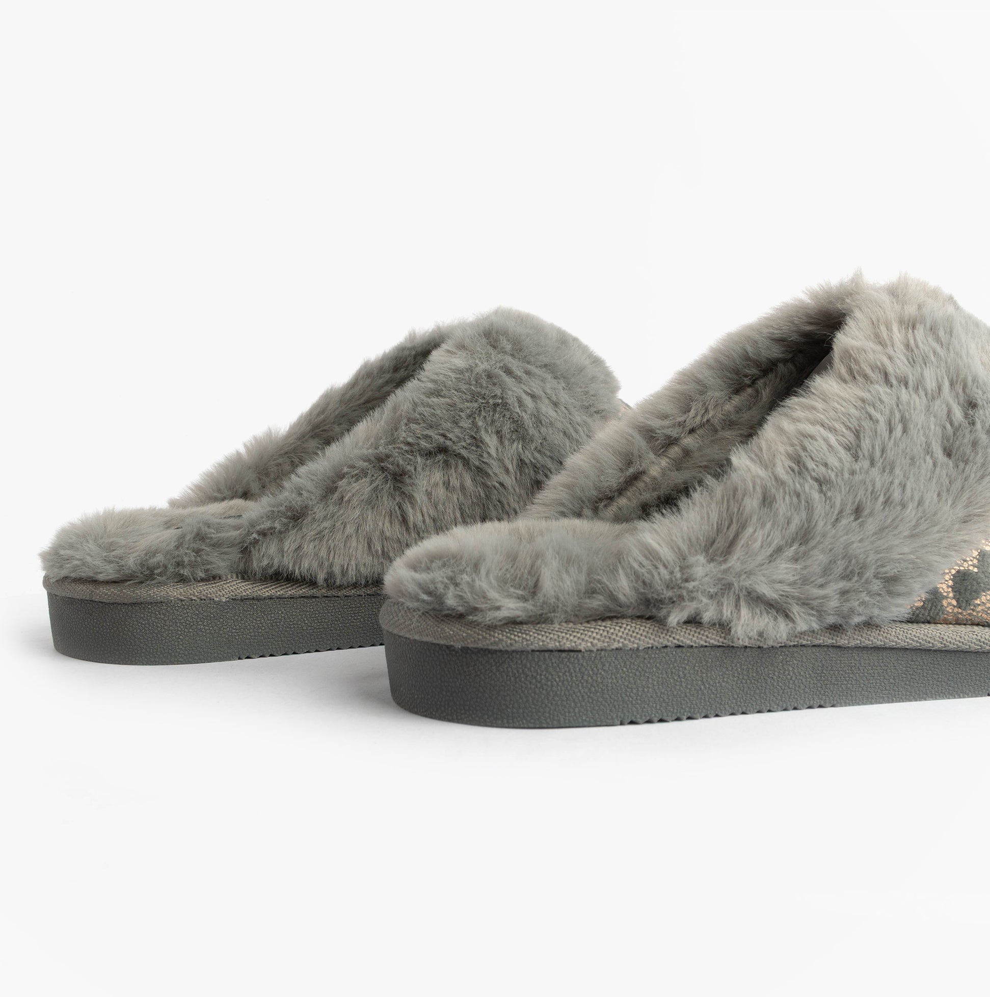Jo & Joe LYLA Womens Mule Slippers Grey side view showcasing plush upper and comfortable design.