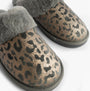 Jo & Joe LYLA Womens Mule Slippers Grey top view showing leopard print design and plush grey lining.